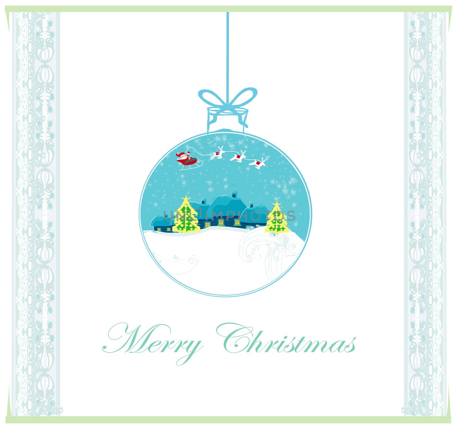 Happy New year card with Santa and winter landscape
