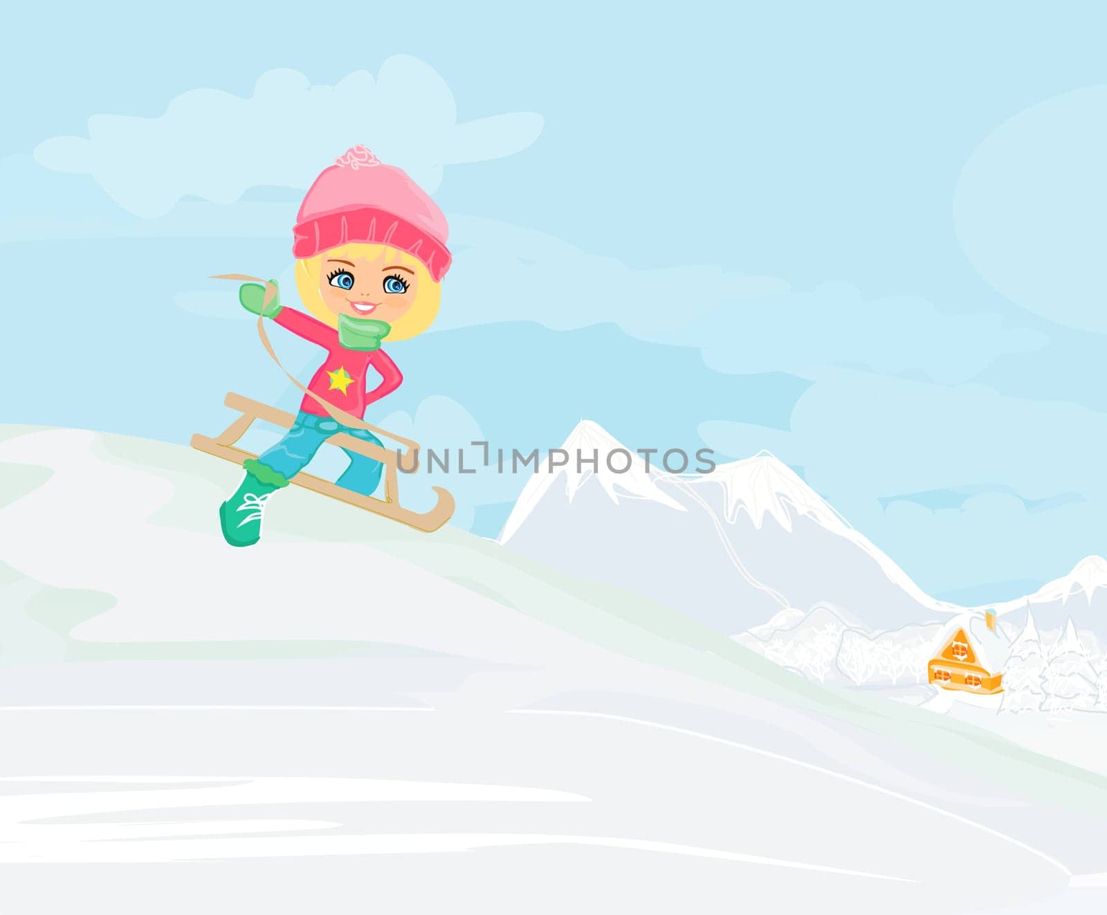 Little girl sledding - vector illustration