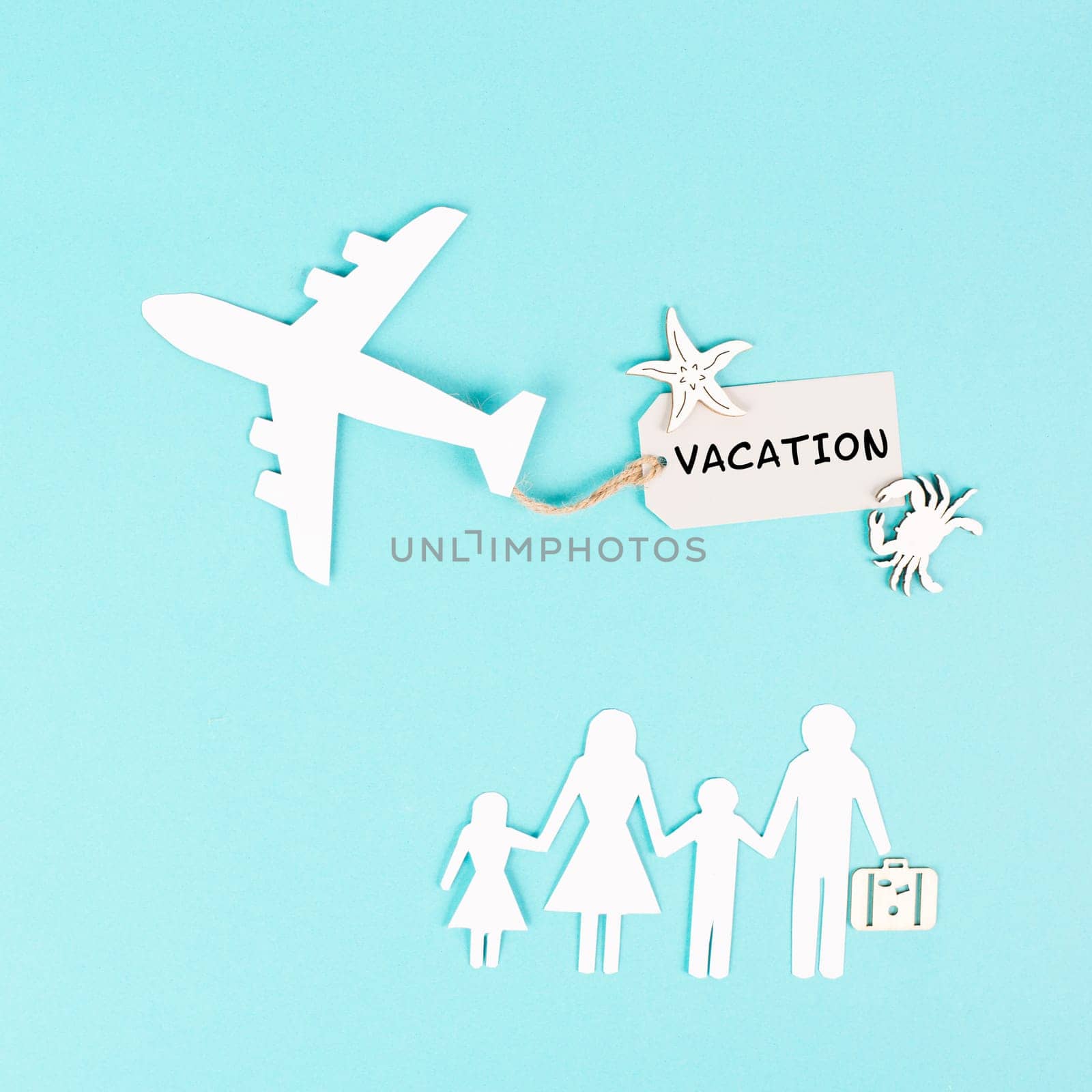 Family is going on vacation with an airplane, taking a flight for a summer holiday, greeting card, paper cut out