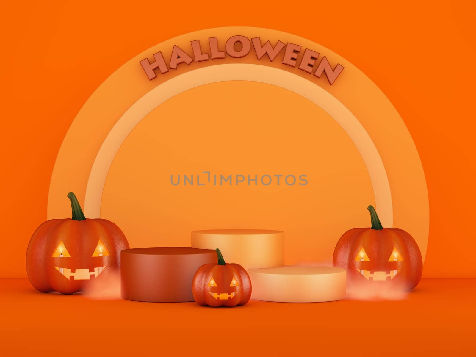 Orange podium of three cylinders with halloween sign and three pumpkins. 3d render.