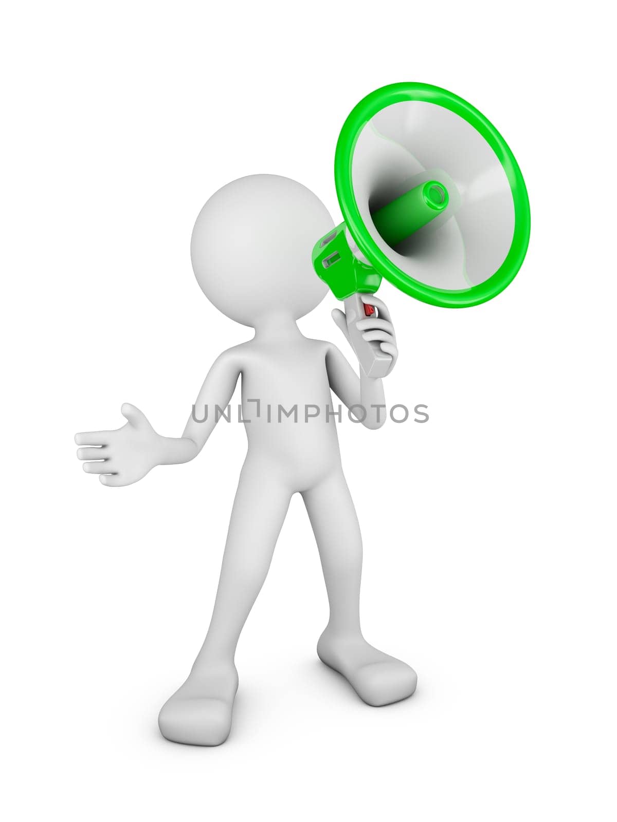 Faceless man with a megaphone on a white background. 3d render.
