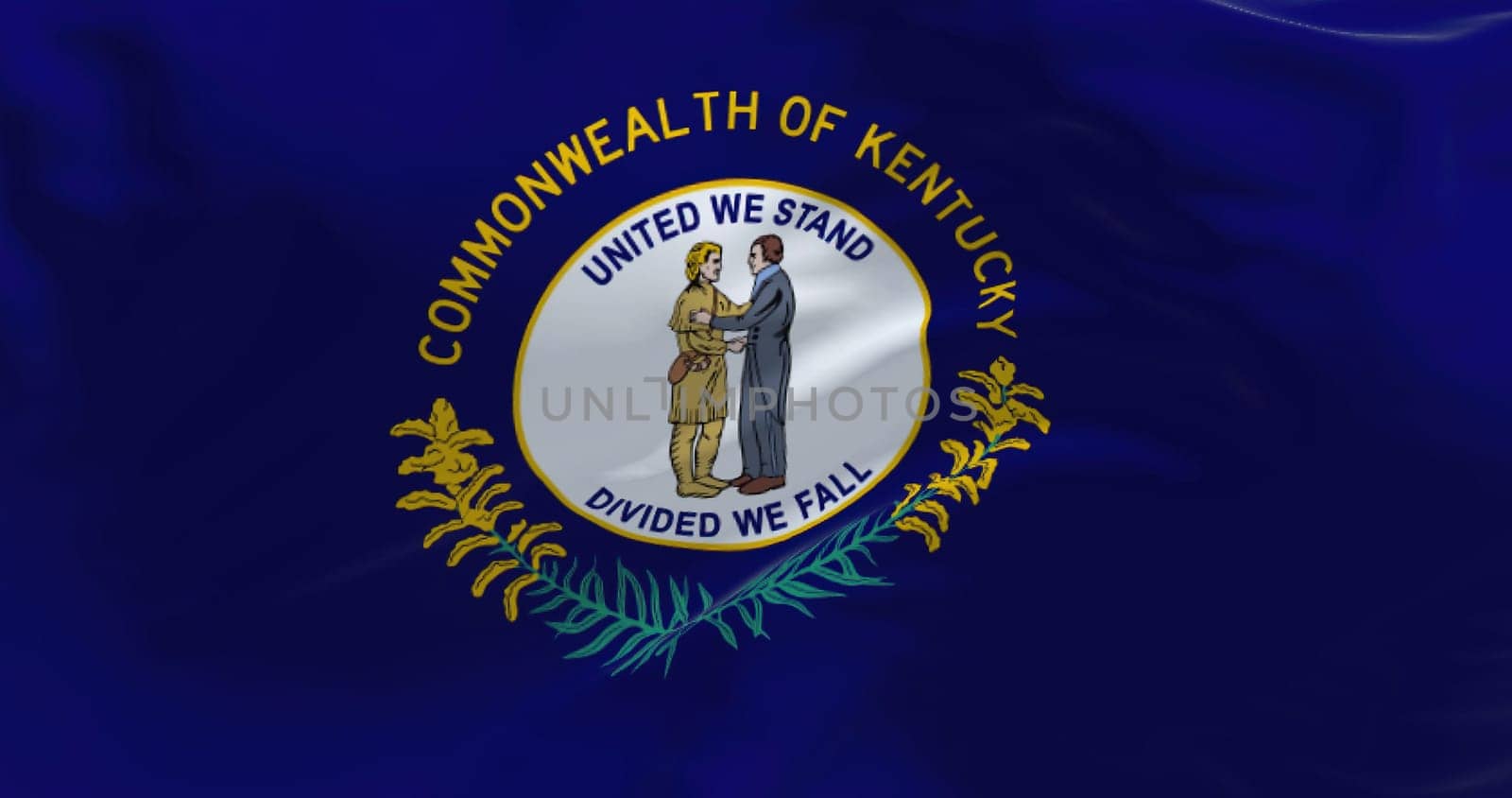 The US state flag of Kentucky waving in the wind. Kentucky is a state in the Southeastern region of the United States. Textile background