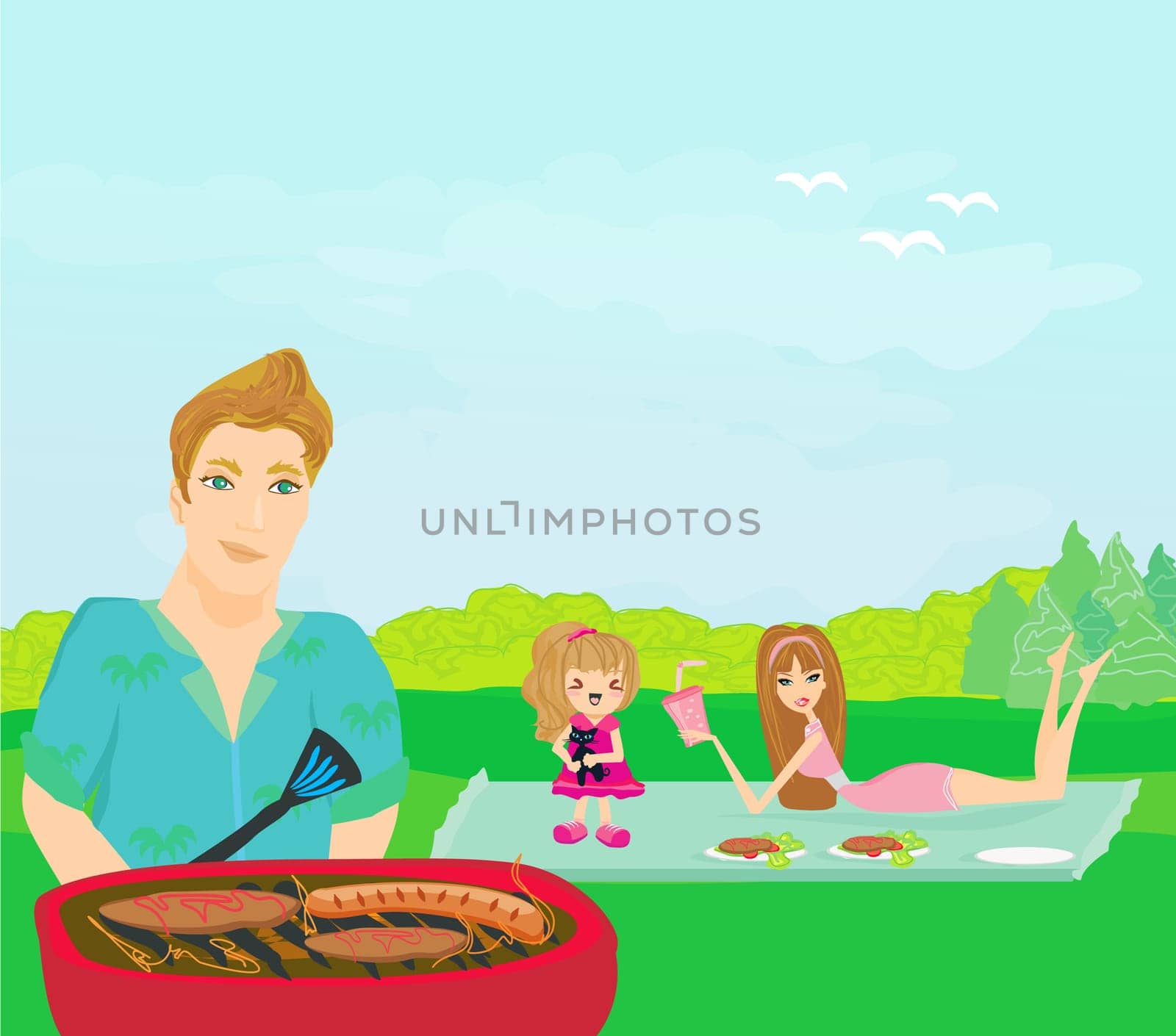 A vector illustration of a family having a picnic in a park