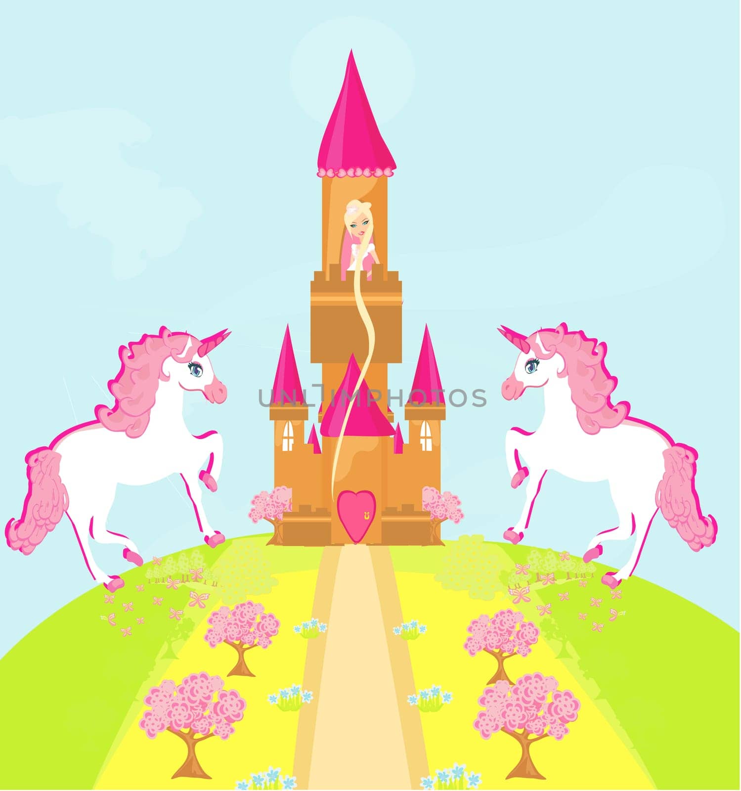 Illustration of princess  in tower waiting for Prince
