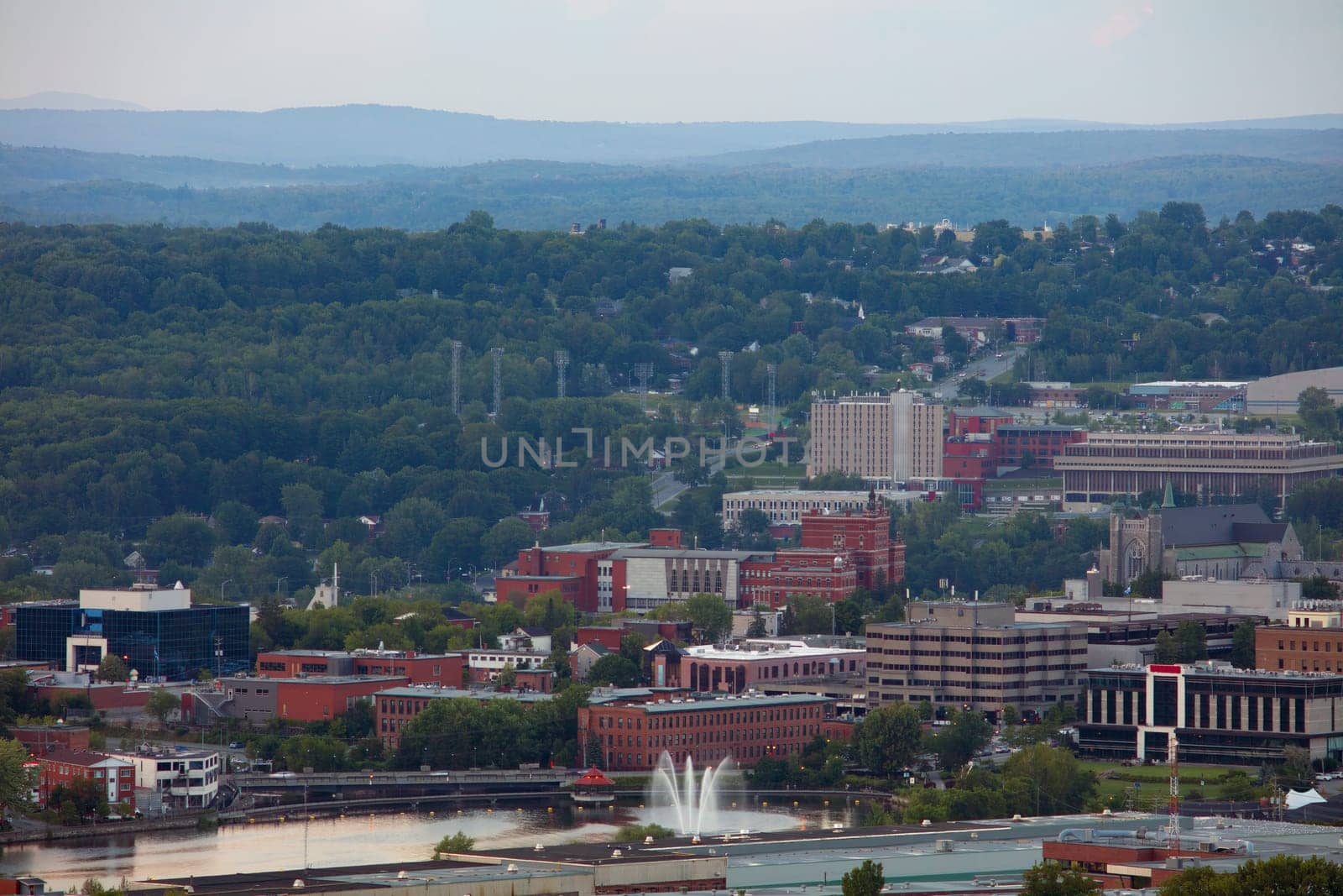 Sherbrooke city landscape Quebec Canada Estrie downtown river and buildings