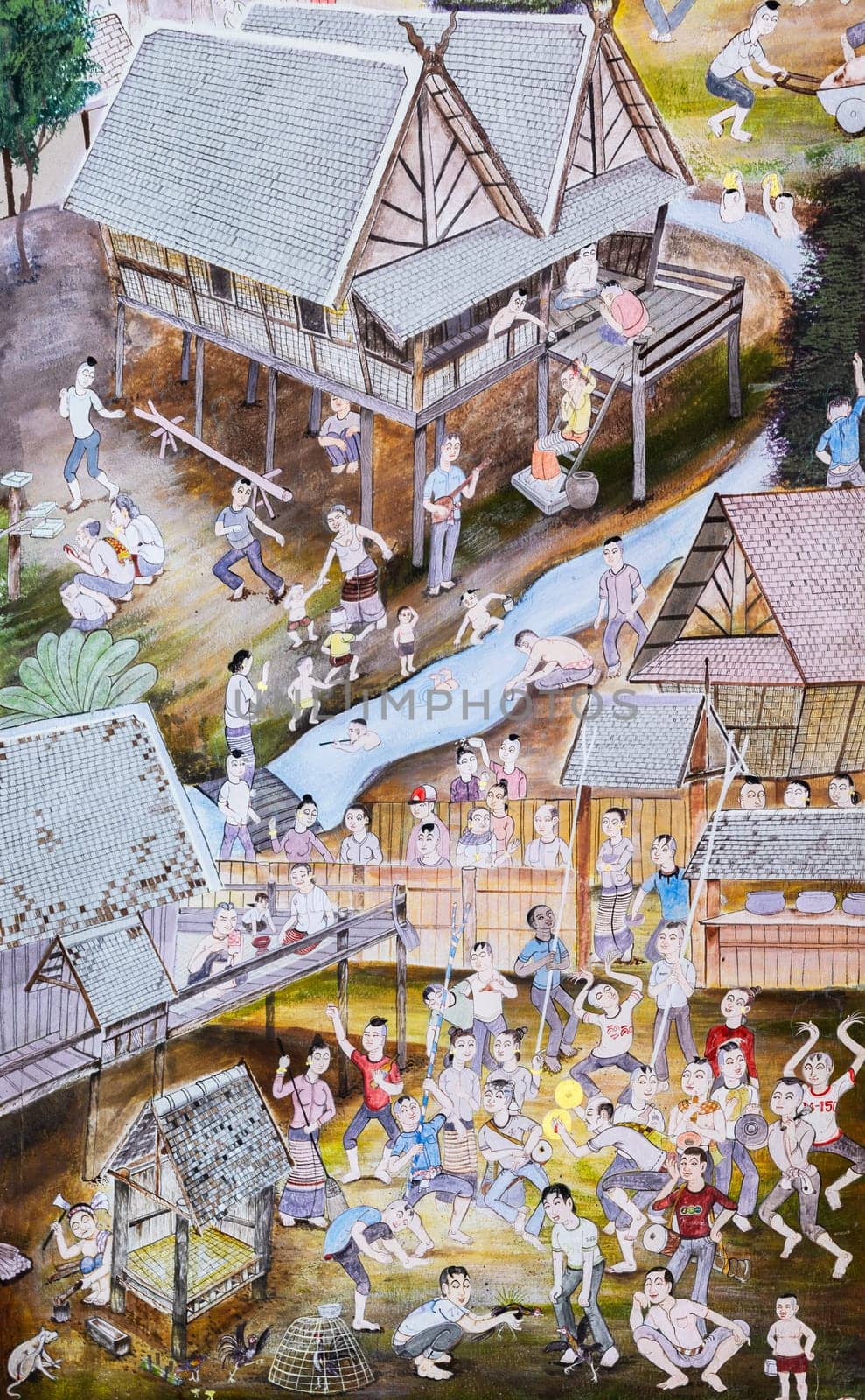 CHIANG MAI,THAILAND - OCTOBER 27, 2014 : Thai mural painting of Lanna people life in the past on temple wall of Wat Chaimongkol Temple in Chiang Mai, Thailand.