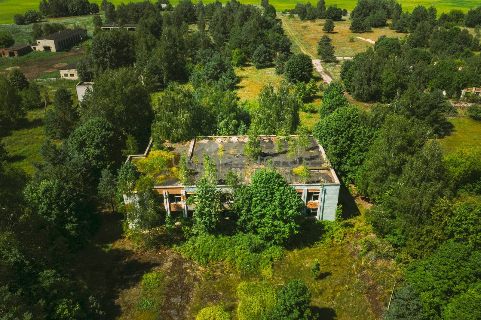 Belarus. Aerial View Of Abandoned Store In Chernobyl Zone. Chornobyl Catastrophe Disasters. Dilapidated House In Belarusian Village. Whole Villages Must Be Disposed. Chernobyl Resettlement Zone.