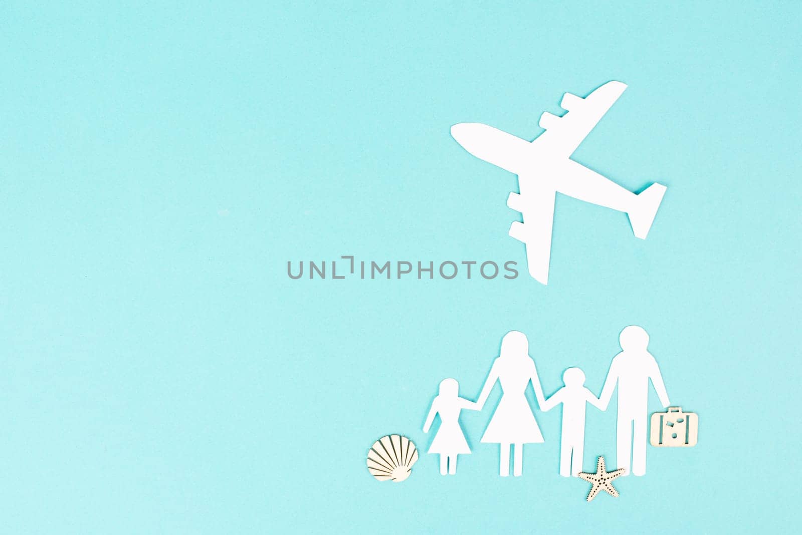 Family is going on vacation with an airplane, taking a flight for a summer holiday, greeting card, paper cut out