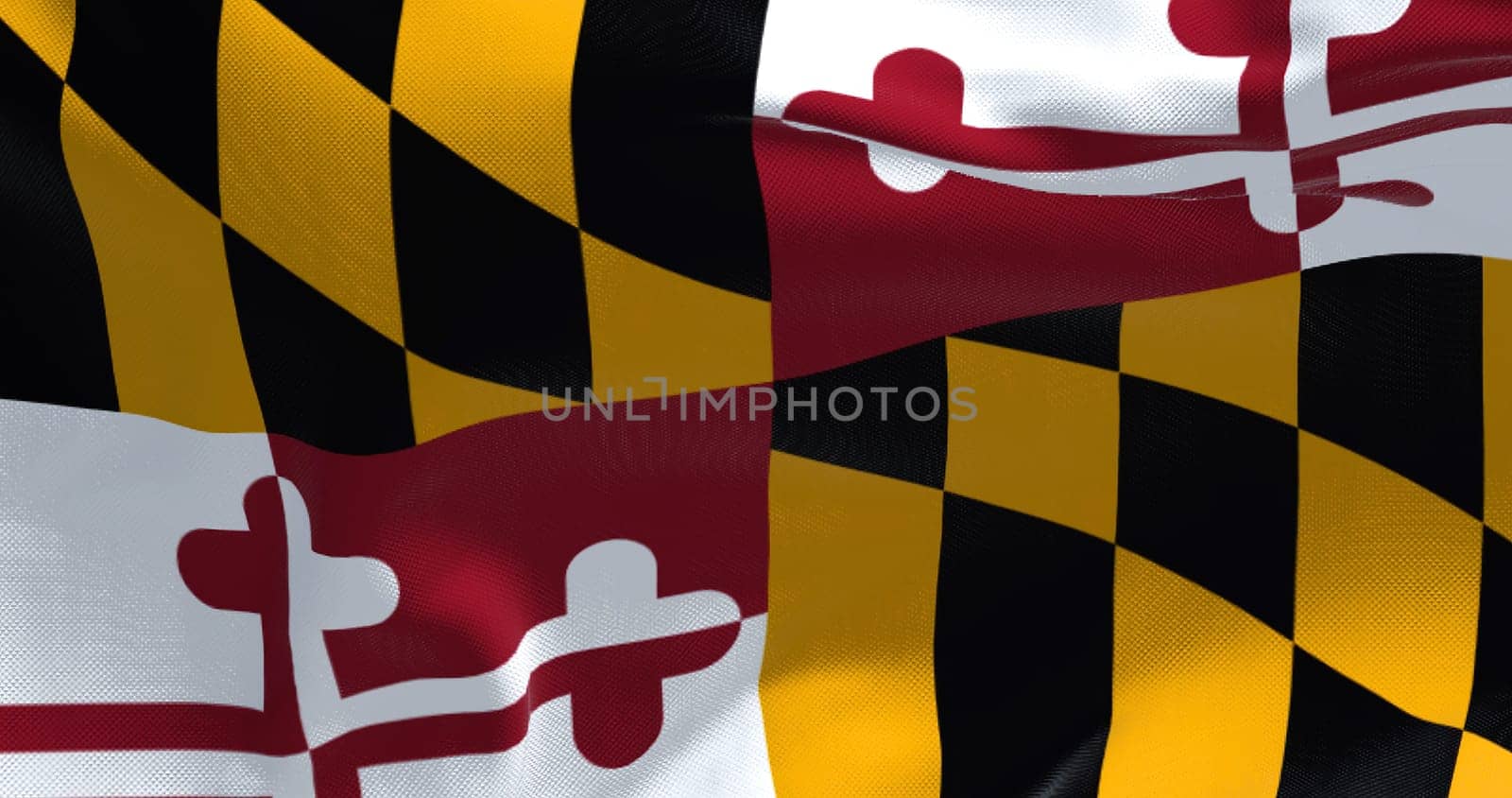 The US state flag of Maryland waving in the wind. Maryland is a state in the Mid-Atlantic region of the United States. Democracy and independence.