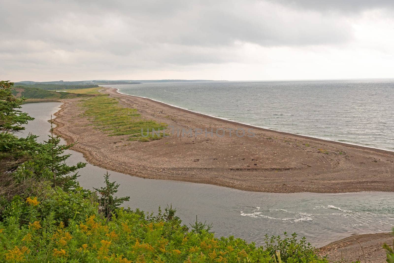 Quiet Coastal Spit in Morning Clouds on the Cheticamp River in the Cape Breton Highlands National Park in Nova Scotia