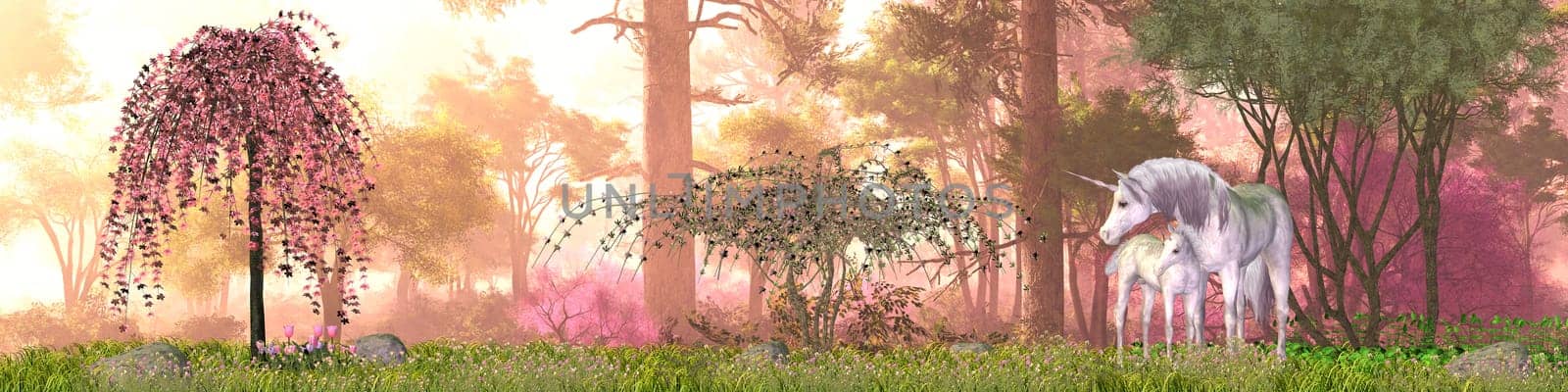 A White Unicorn mother protects her small foal in a magical forest full of flowers and beautiful trees.