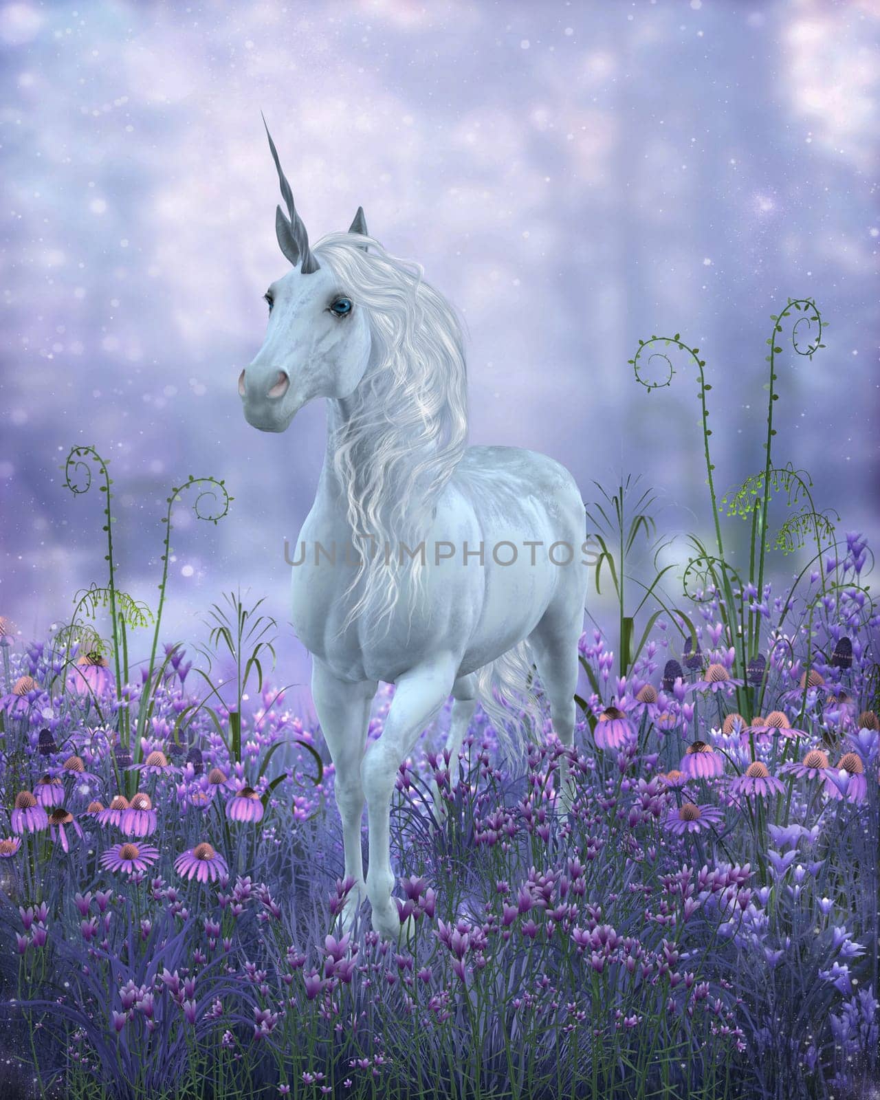 A legendary white Unicorn ambles through purple bell flowers on a walk through the magical forest.