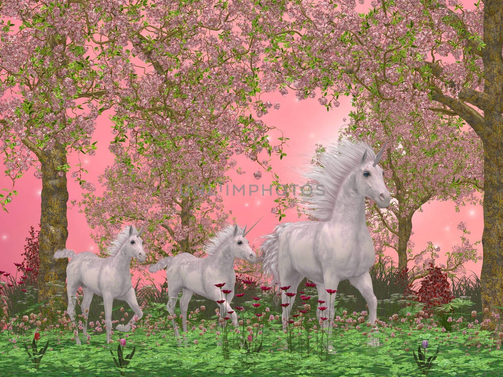A White Unicorn mother leads her twin foals in a magical forest full of flowers and beautiful cherry blossom trees.