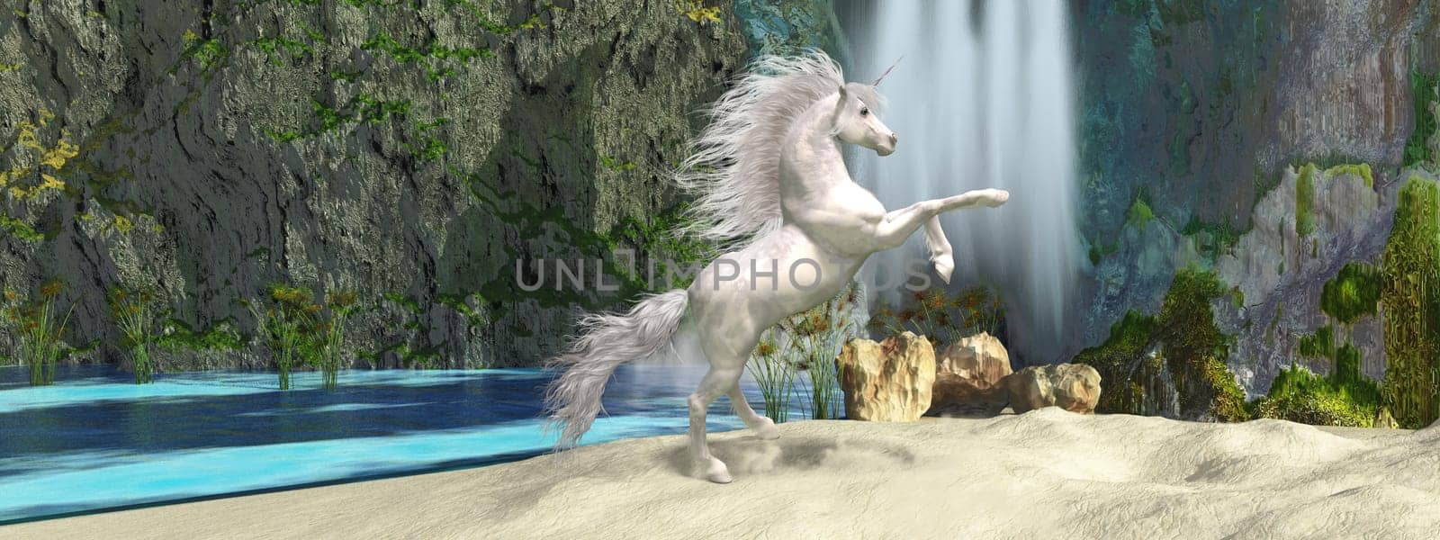 A legendary white Unicorn rears up near a beautiful waterfall.