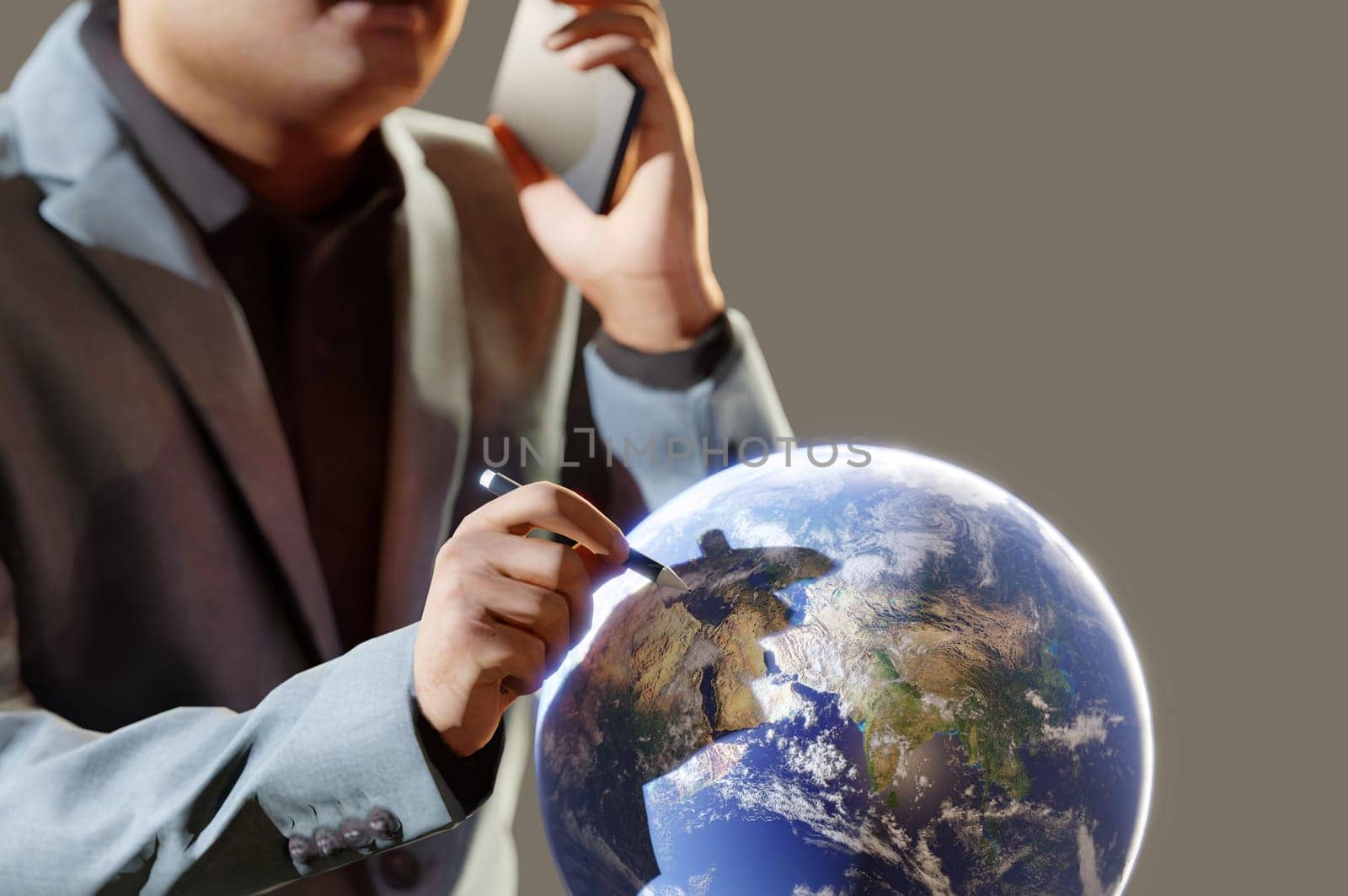 3D Illustration. 3D Rendering businessman hand writing on THE WORLD . Financial analytics and analysis