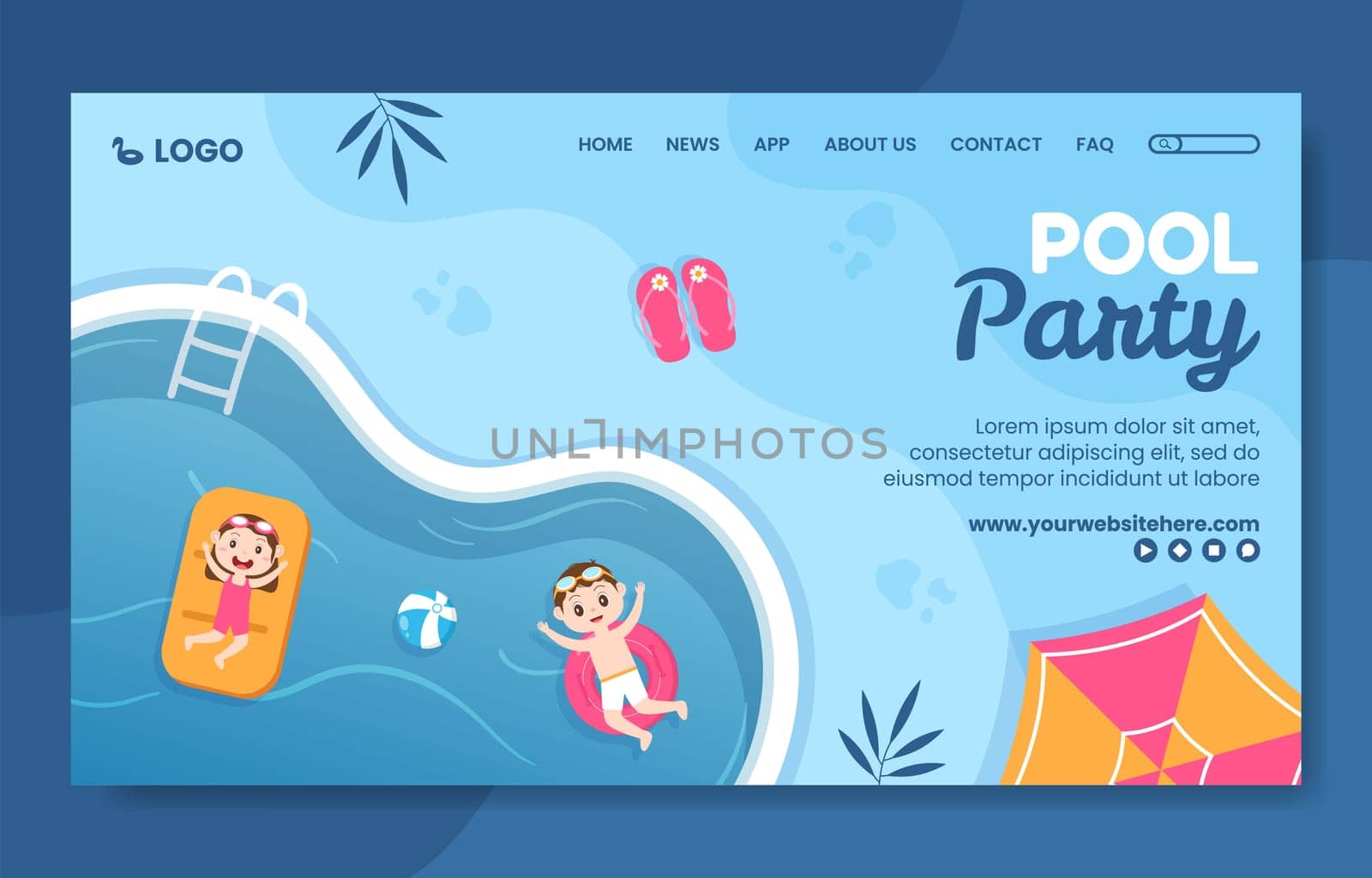 Summer Pool Party Social Media Landing Page Template Cartoon Background Vector Illustration