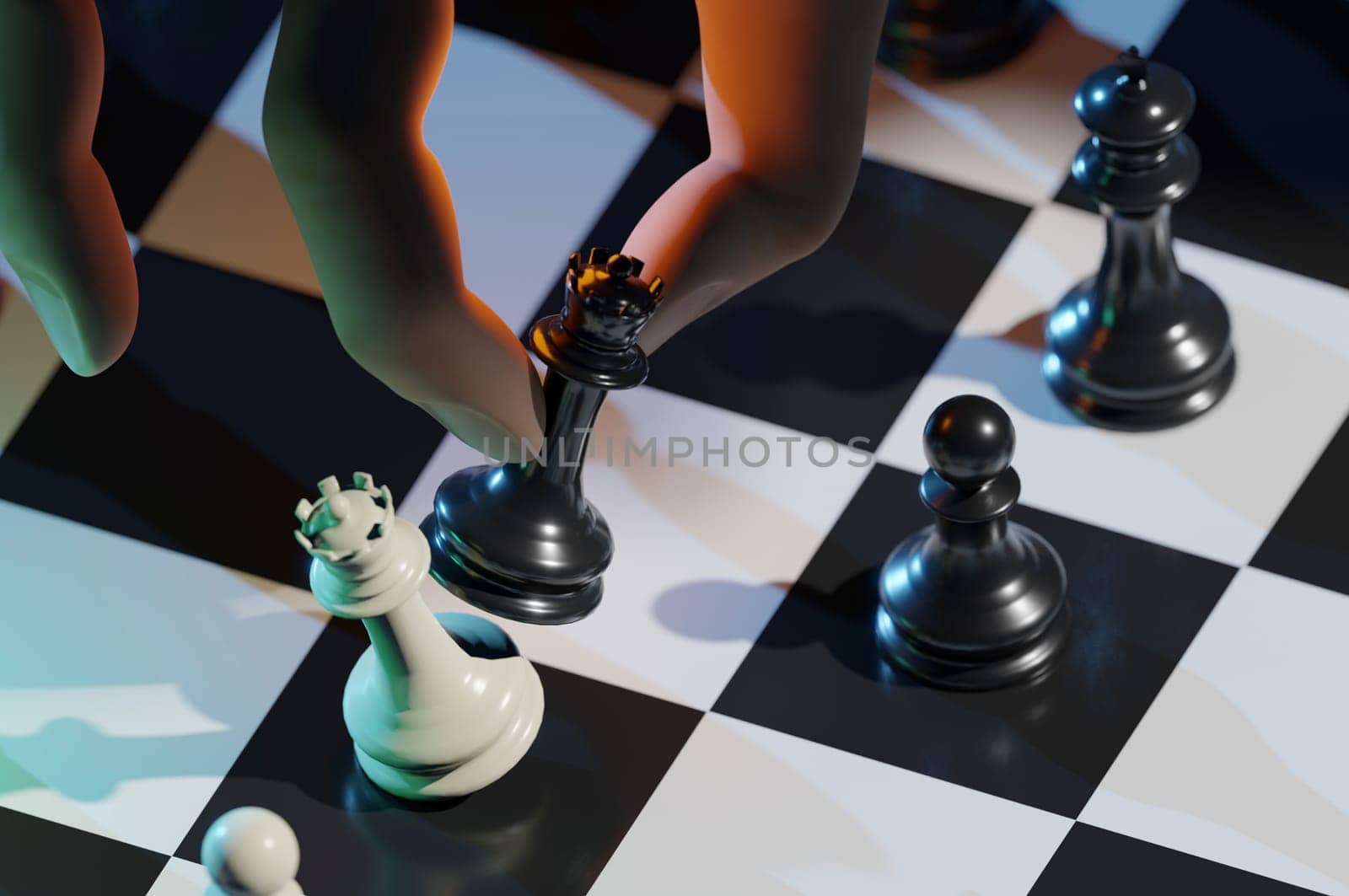 3D Illustration. 3D Rendering . Hand of businessman moving chess pieces in a success game competition. Strategy, management or leadership