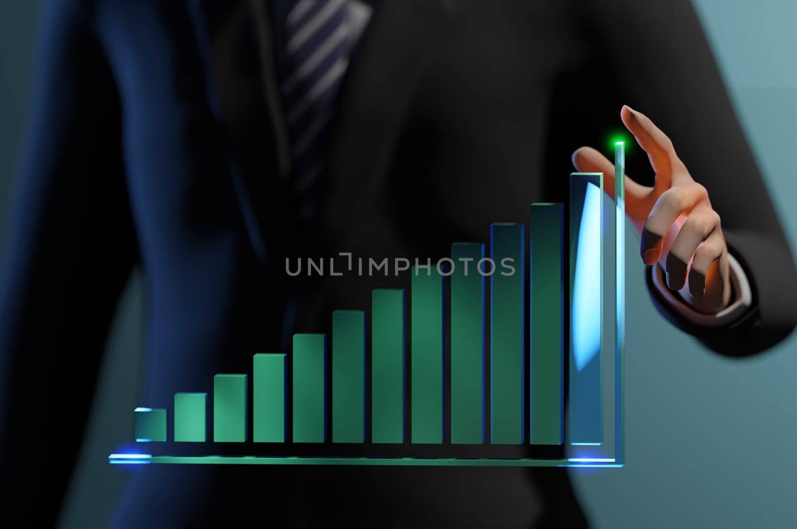 3D Illustration. 3D Rendering Business man holding holographic graphs and stock market statistics gain profits. Concept of growth planning and business strategy