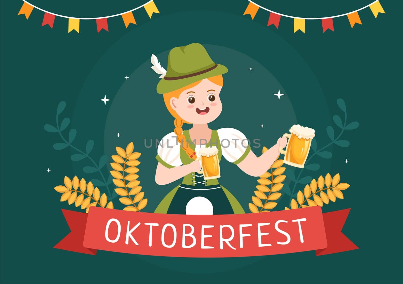 Oktoberfest Festival Cartoon Illustration with Bavarian Costume Holding Beer Glass while Dancing in Traditional German in Flat Style Design