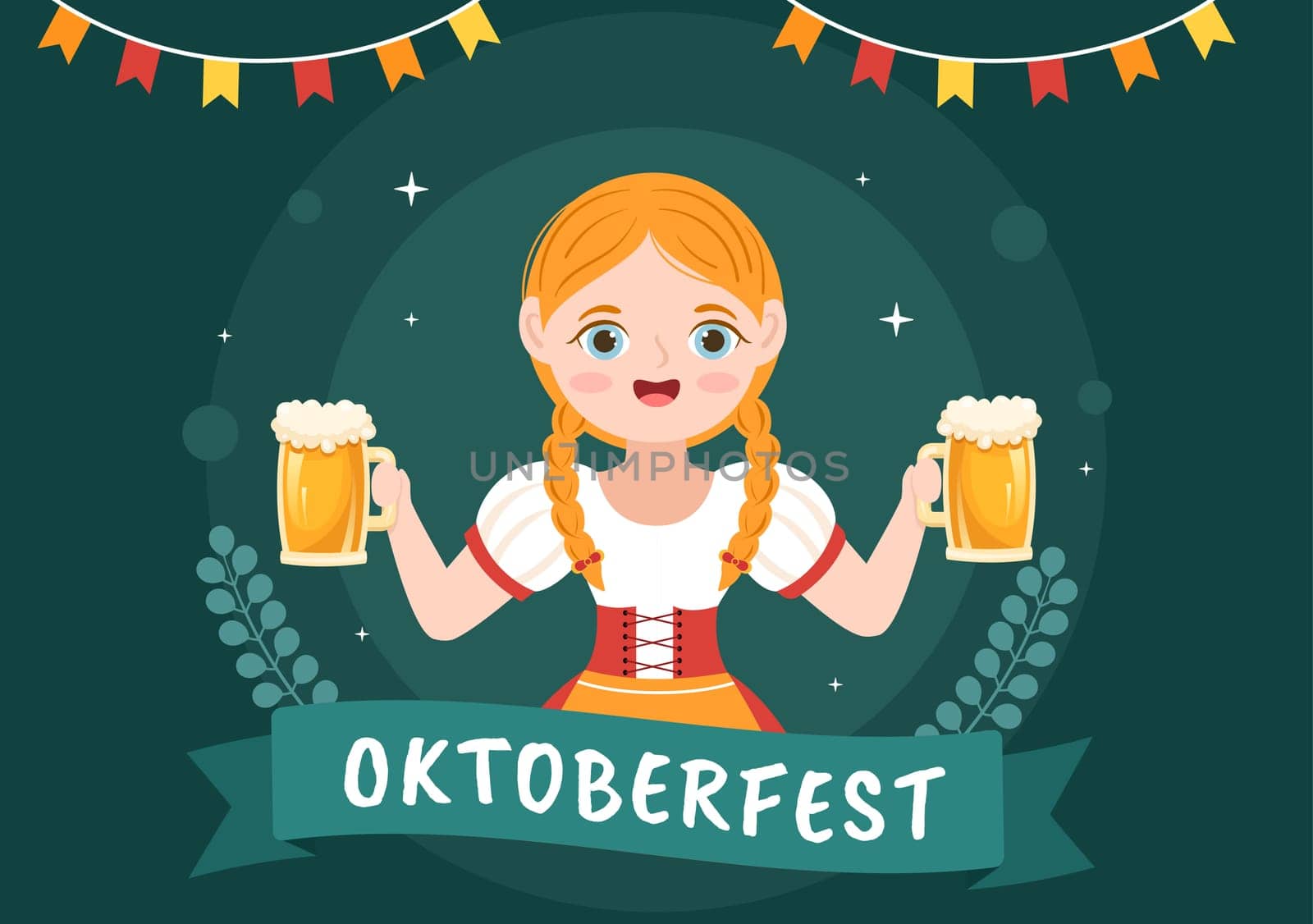 Oktoberfest Festival Cartoon Illustration with Bavarian Costume Holding Beer Glass while Dancing in Traditional German in Flat Style Design