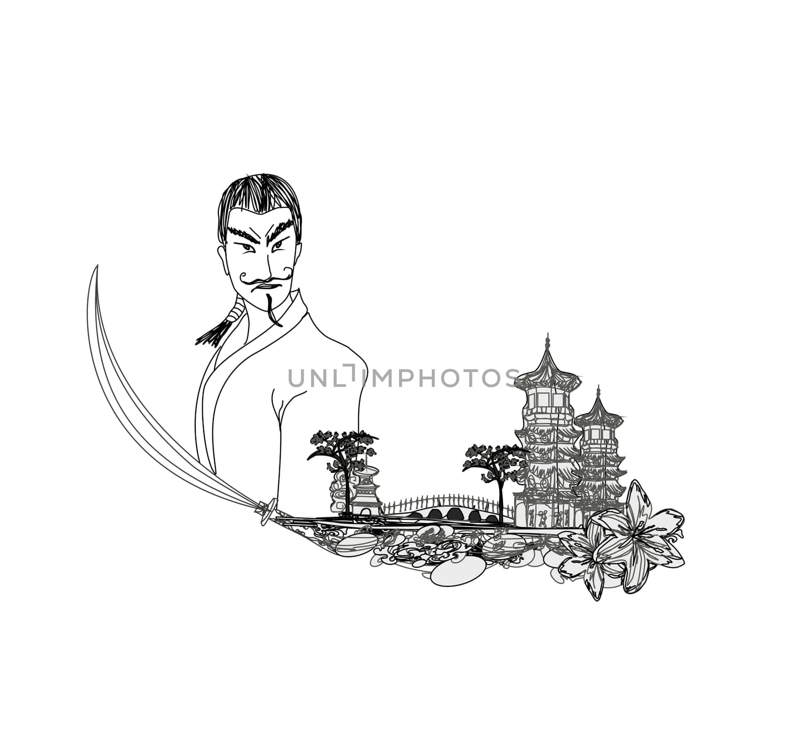 Samurai  in Asian Landscape - doodle vector illustration