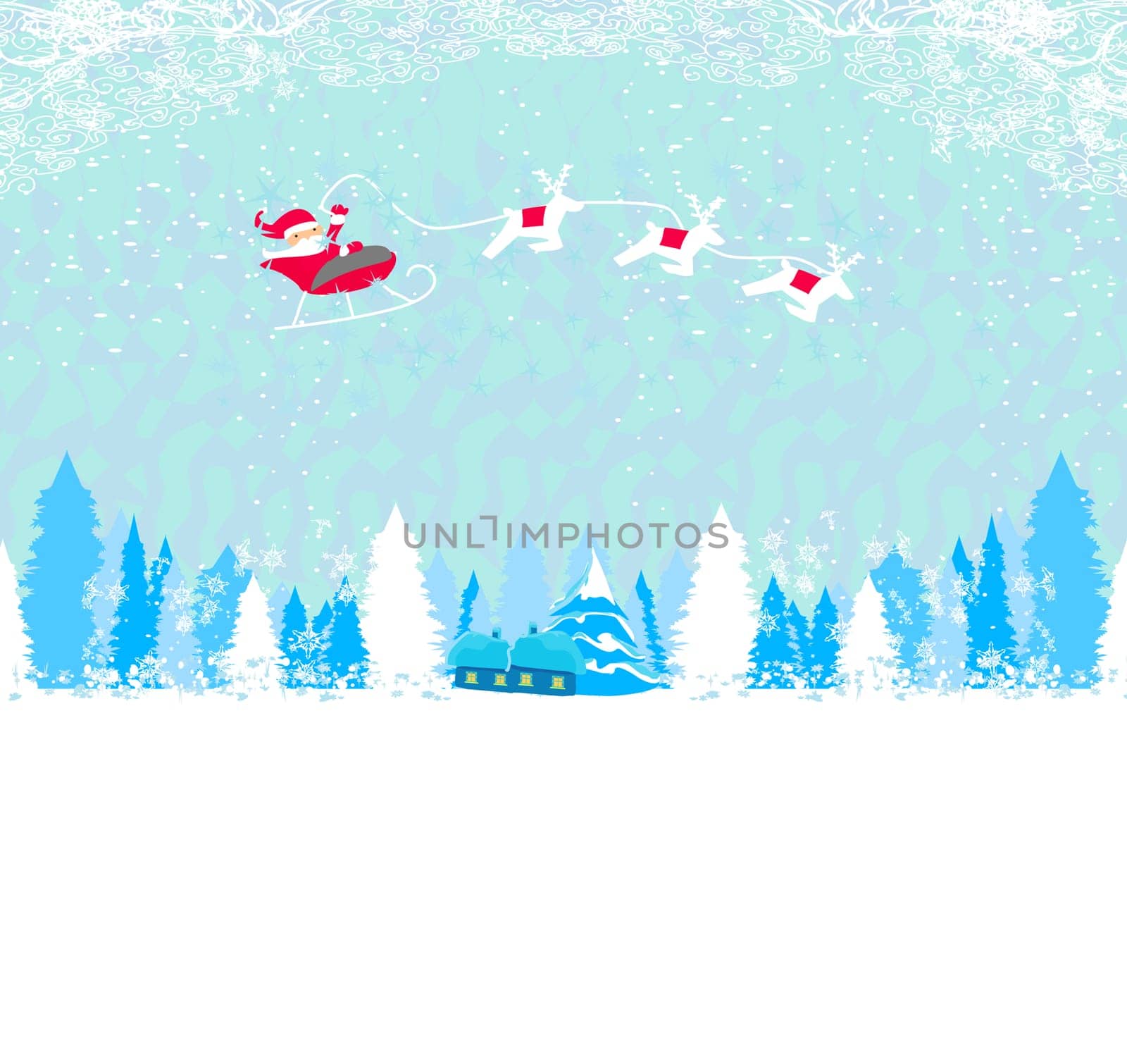 Happy New year card with Santa and winter landscape