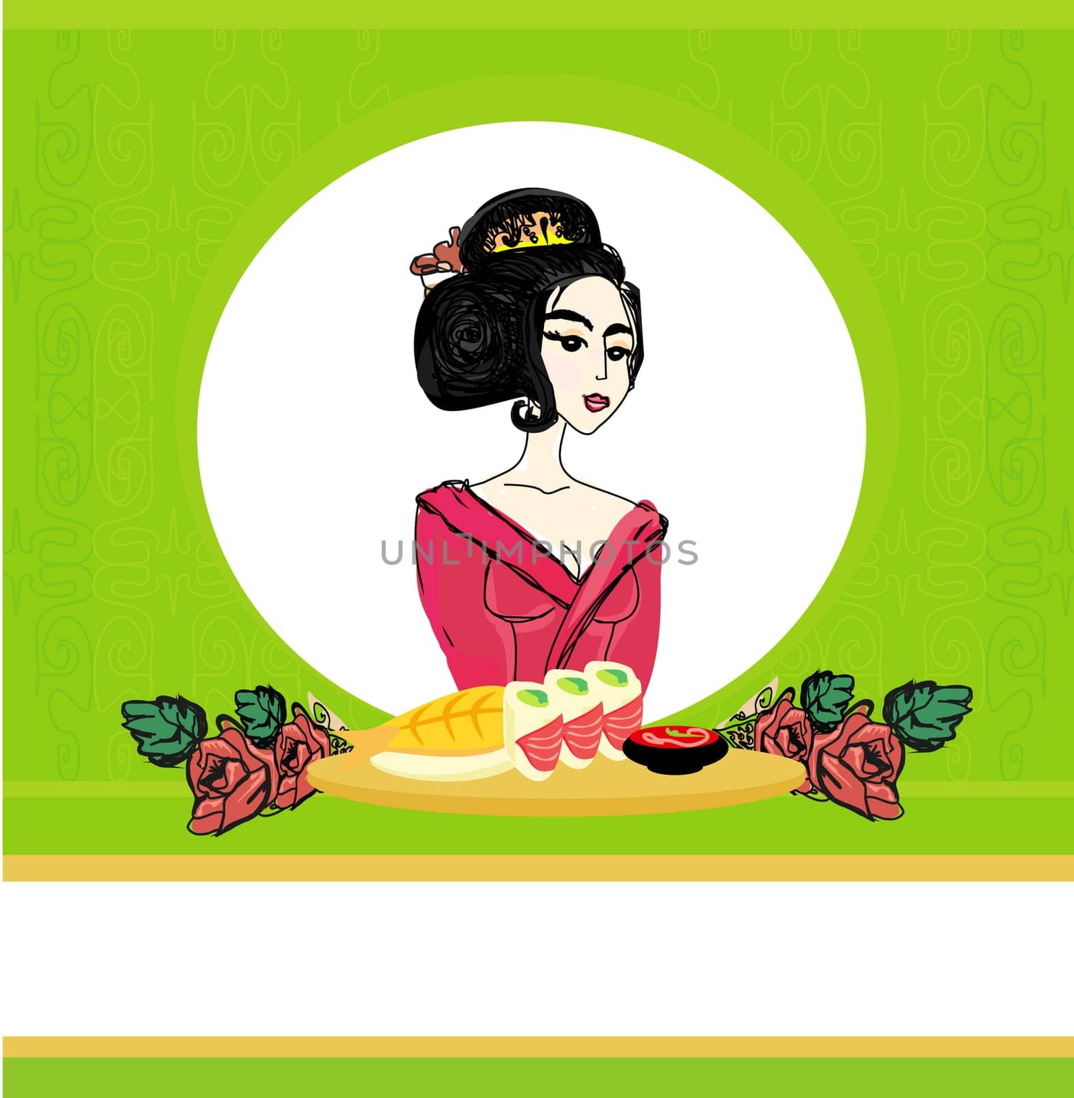 beautiful Asian girl enjoy sushi - menu template