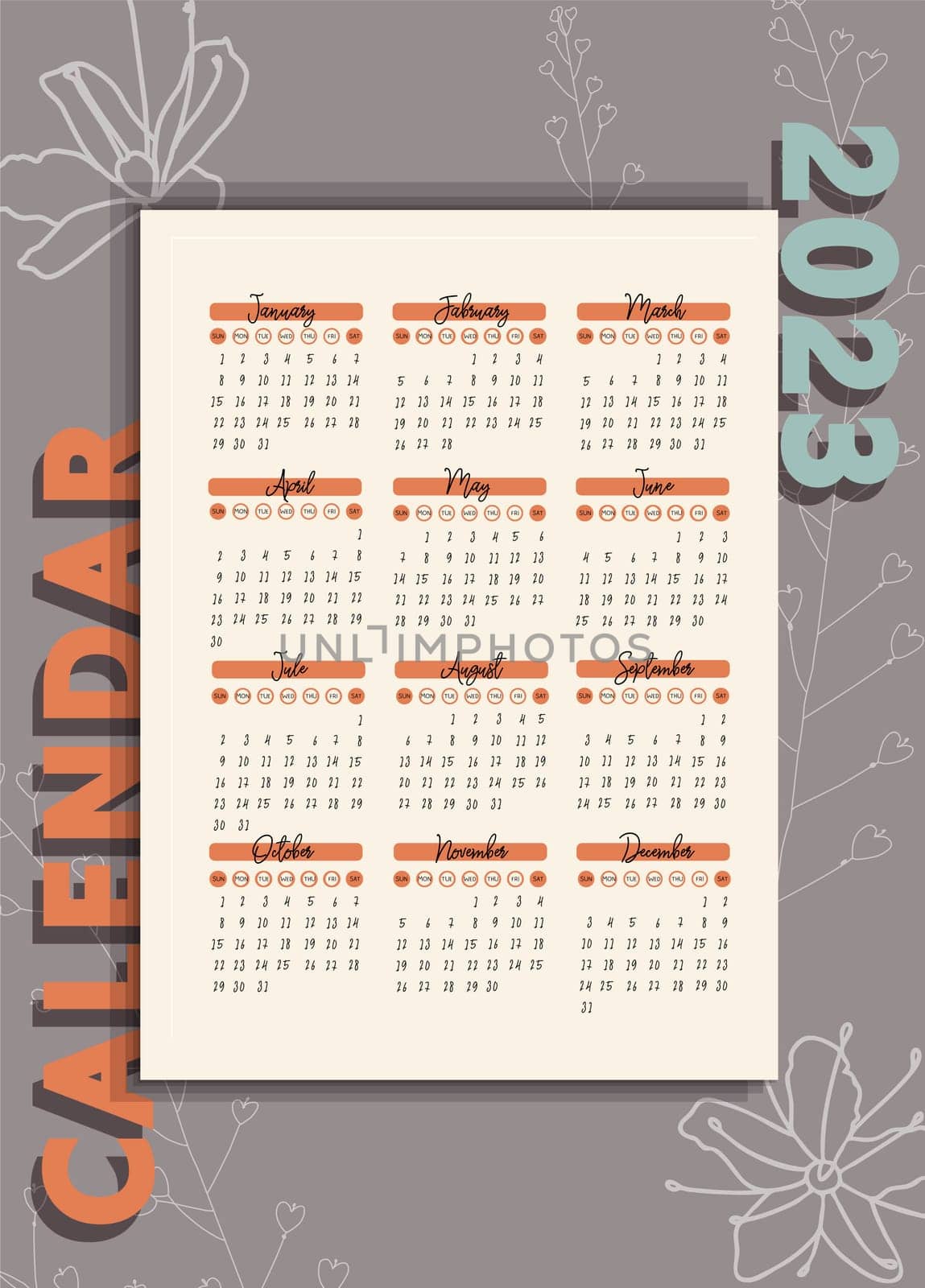 Fashion calendar 2023. VERTICAL ORIENTATION. A4 FORMAT. Calendar on a gray background. Print ready.