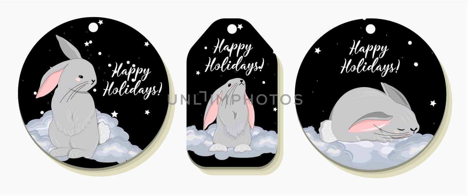 tags for christmas gifts. Happy holidays inscription. Year of the rabbit 2023. Gift tags with rabbits. Gift wrapping.