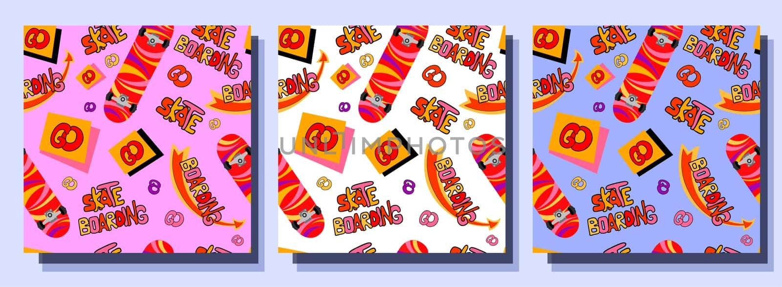 Cool pattern on the theme of skateboarding. Skateboarding day. Youth street sports. Fashion seamless print