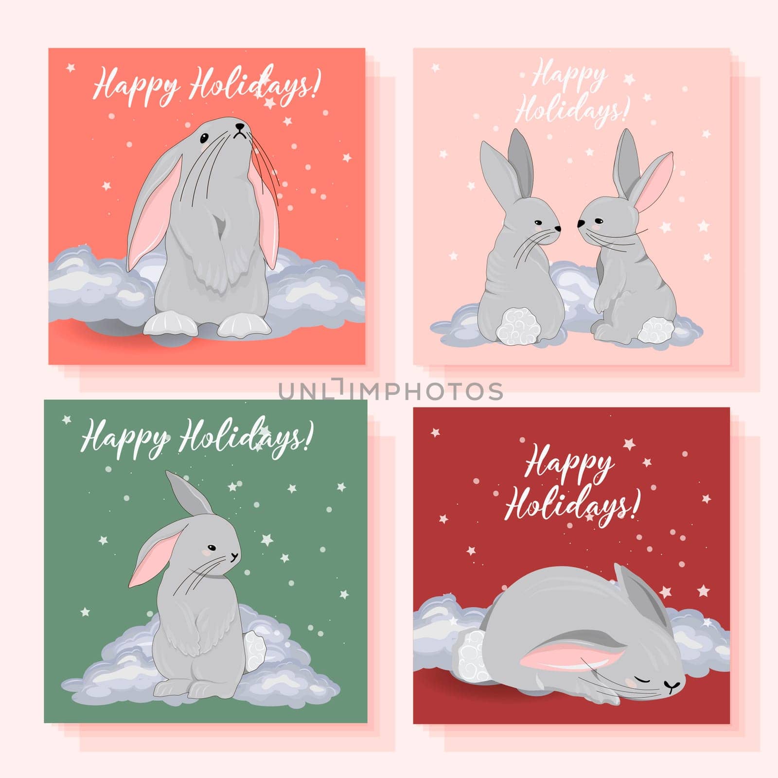 Happy holidays postcard. Year of the rabbit 2023. Children's cards magic. Posters with rabbits.
