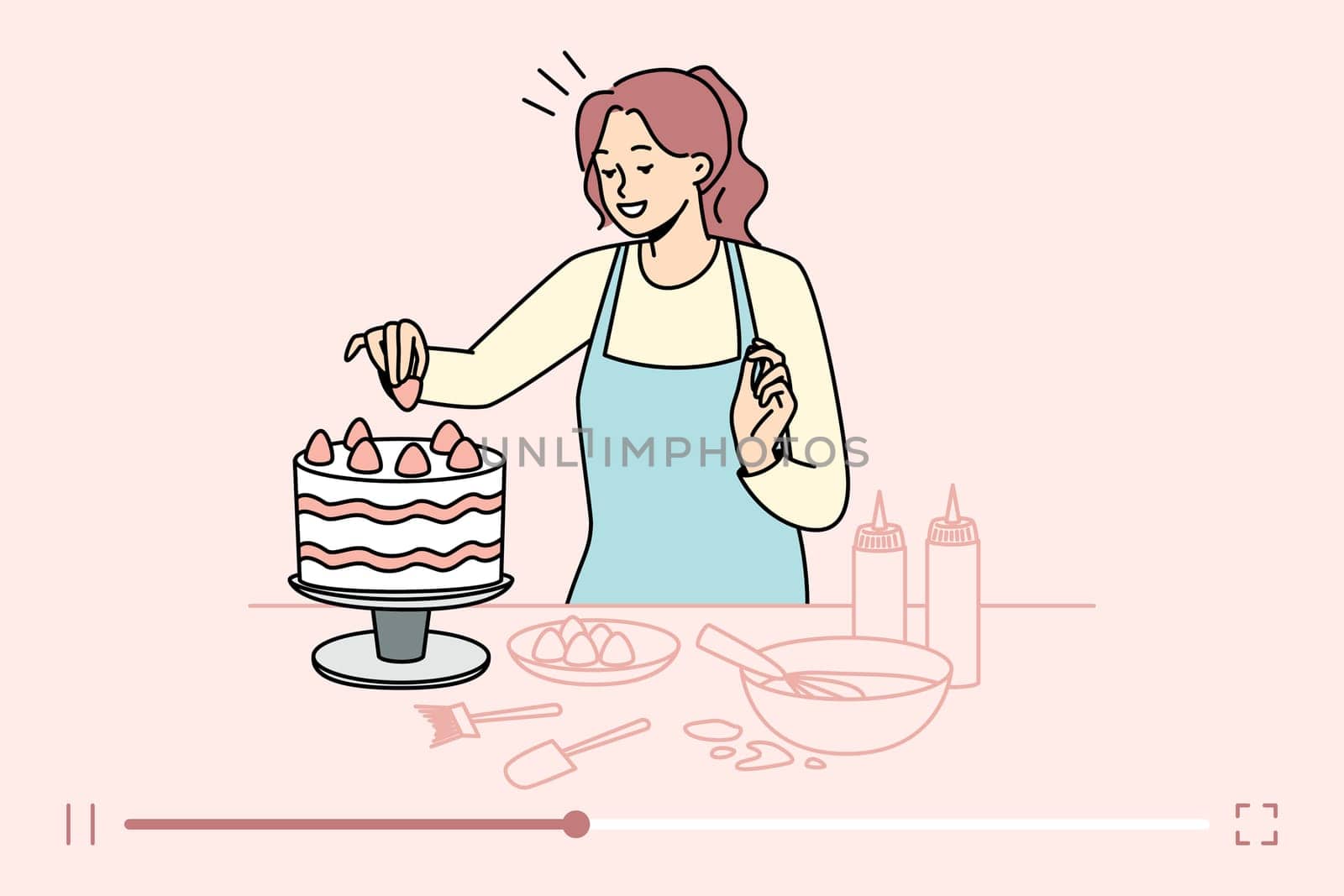 Female food blogger shooting cake recipe on online channel. Woman vlogger make live stream of dessert baking. Homemade bakery. Vector illustration.