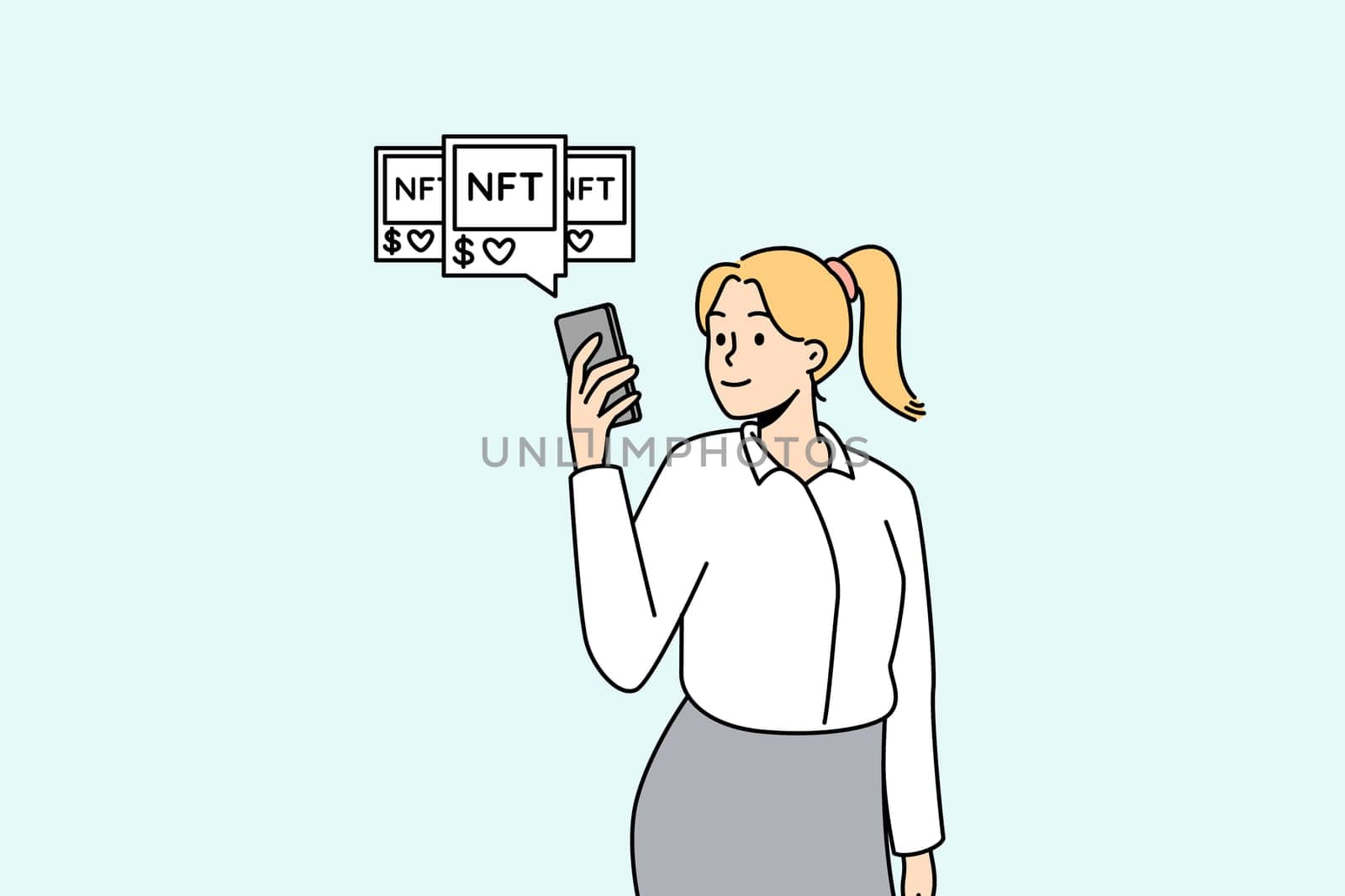 Woman with NFT picture and token items. Businesswoman explore blockchain or cryptocurrency artwork. Vector illustration.