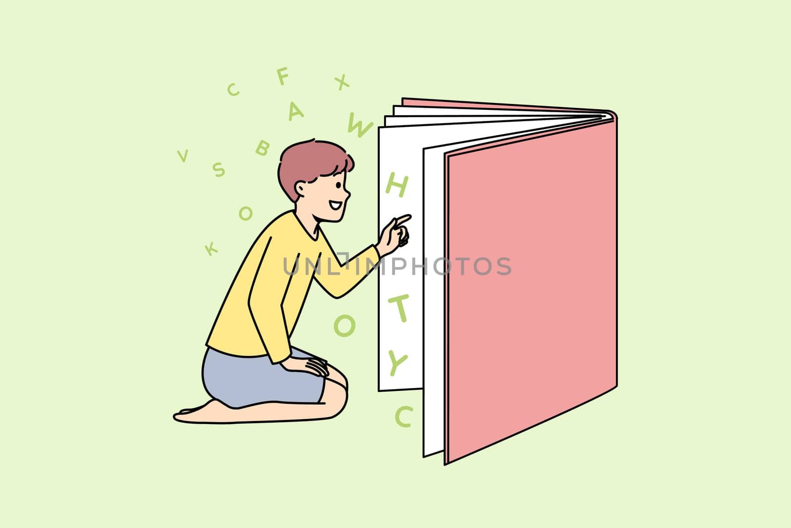 Happy boy reading book . Vector Happy child reading huge book enjoy fairytale world. Smiling boy look in textbook fond of novel or story. Literature and knowledge. Vector illustration.