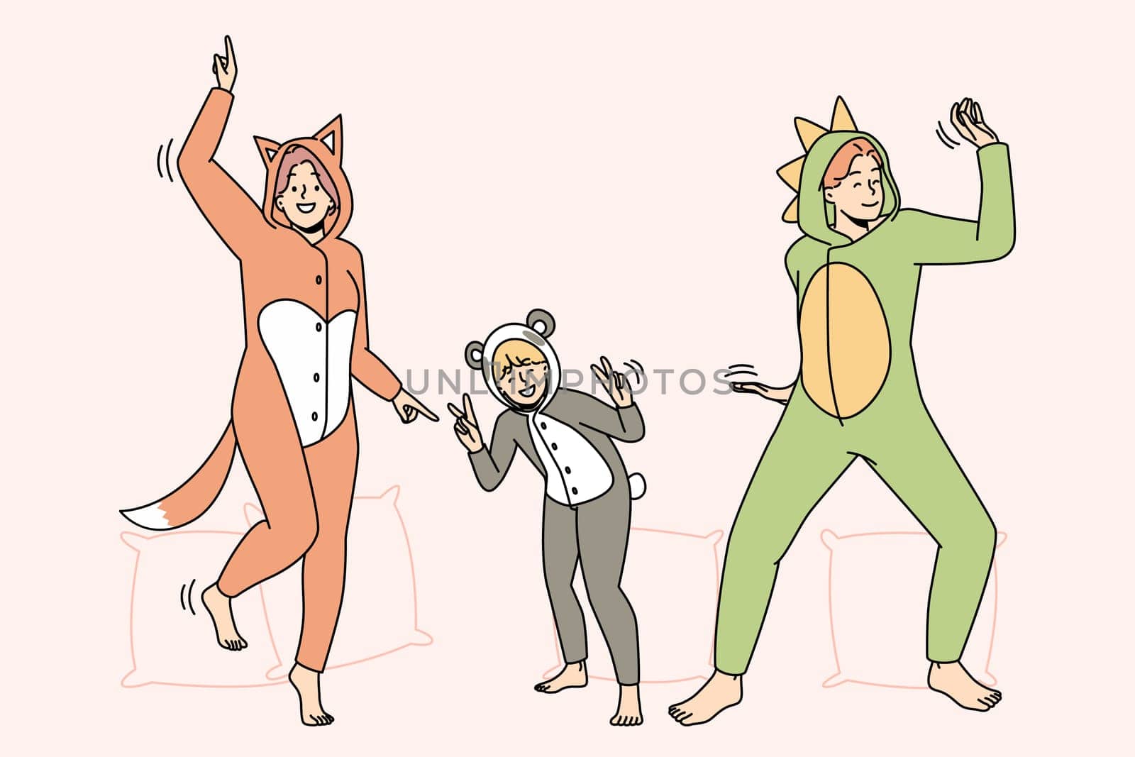 People in kigurumi pajamas have fun dancing indoors. Smiling adults and kid enjoying pyjama home party together. Leisure weekend. Vector illustration.