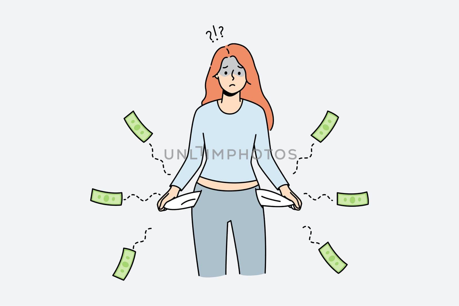 Frustrated young woman with empty pockets suffer from bankruptcy. Unhappy sad female struggle with debt or financial problems. Vector illustration.
