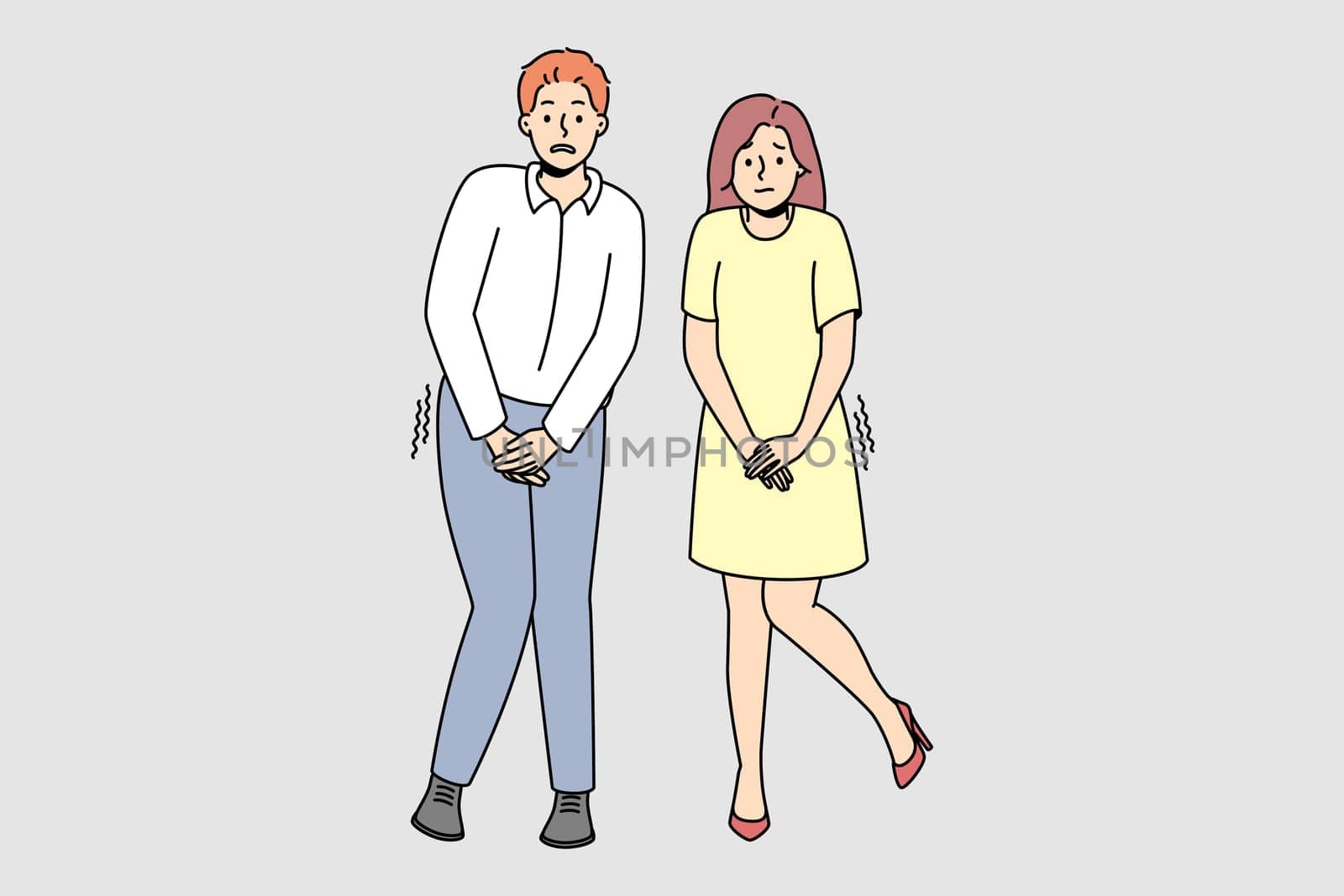 Man and woman want to pee. Couple suffer from urinary infection or health problem. Healthcare concept. Vector illustration.