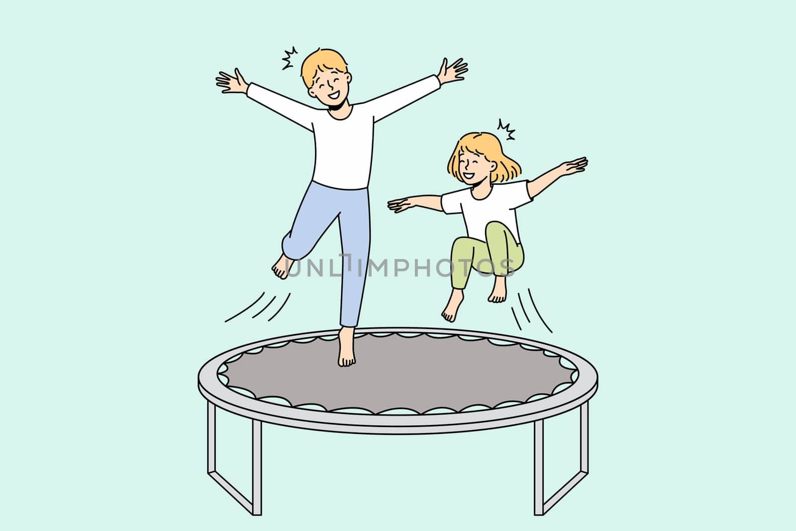 Overjoyed small kids have fun jumping on trampoline outdoors. Smiling little children enjoy playing outside involved in funny playful game. Childhood leisure. Vector illustration.
