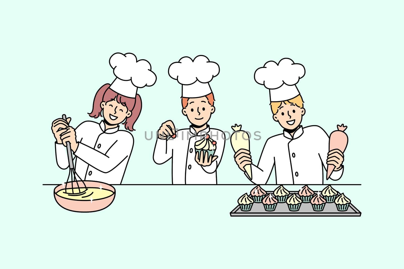Little kids cooks have fun baking together. Smiling small children in uniforms cooking preparing desserts at kitchen. Workshop or future profession. Vector illustration.