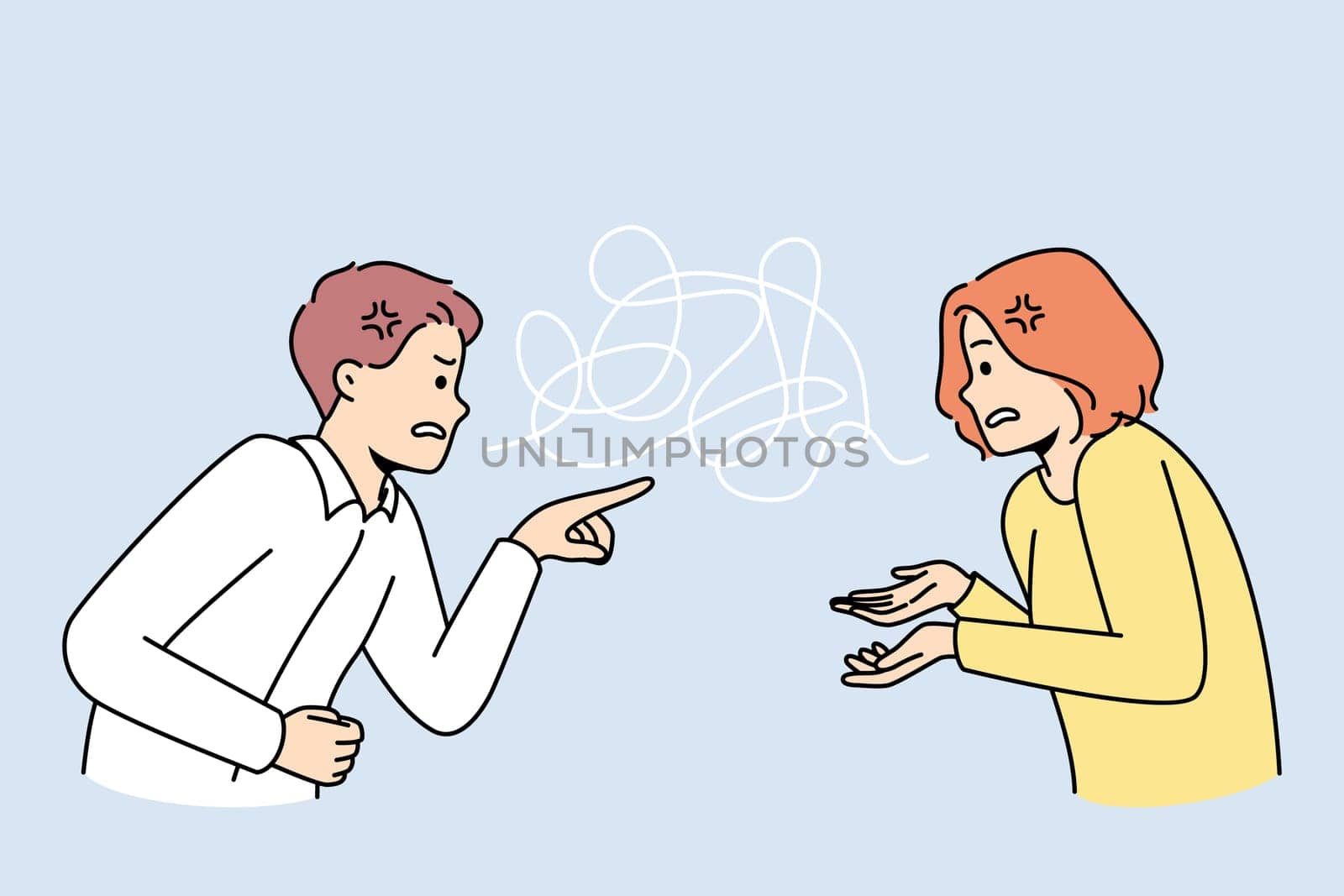 Couple fight involved in toxic relationship blaming each other. Man and woman argue lead to breakup or divorce. Relation problem. Vector illustration.