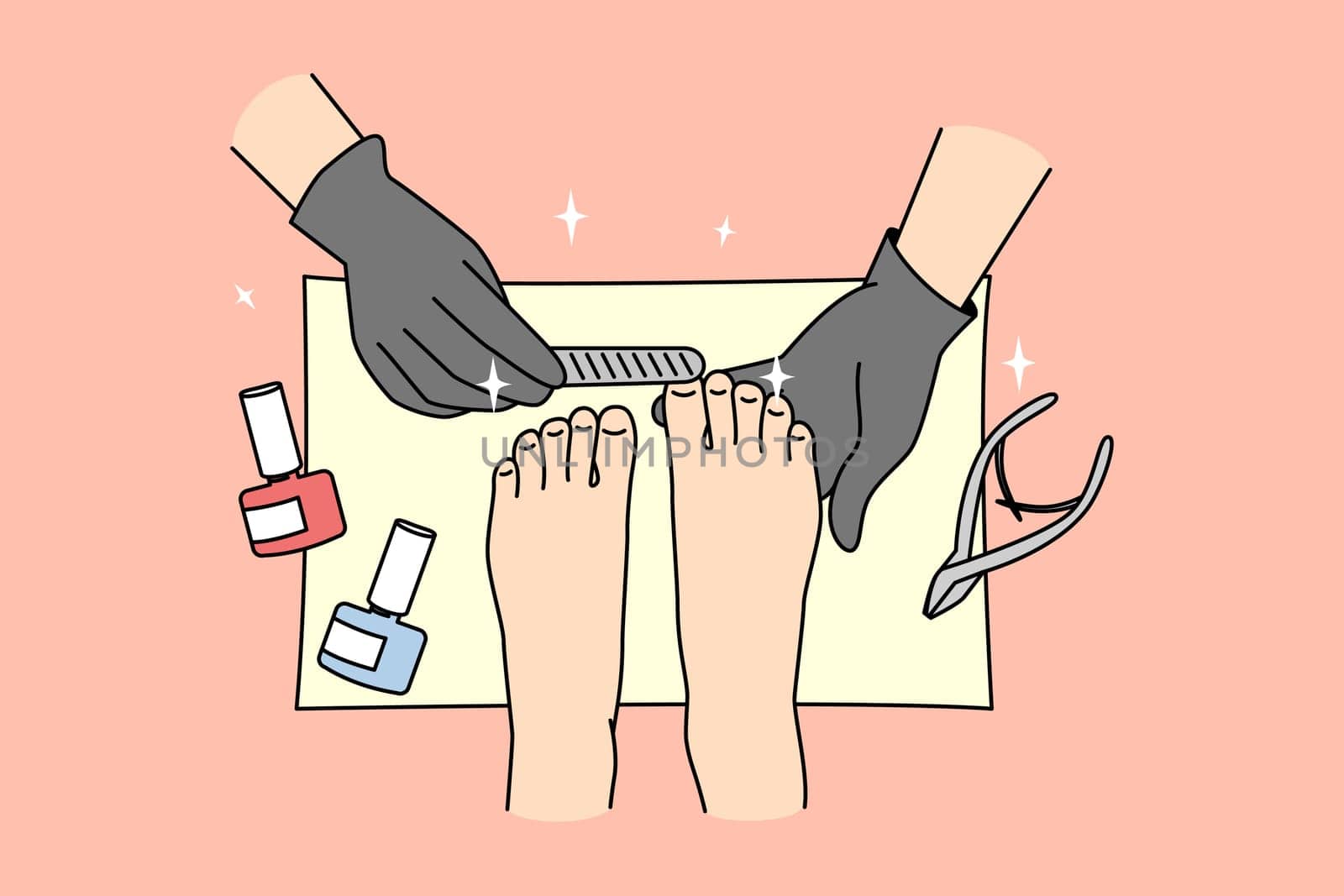 Closeup of woman get pedicure in salon. Female client care about hygiene and look of toe nails. Beauty concept. Vector illustration.