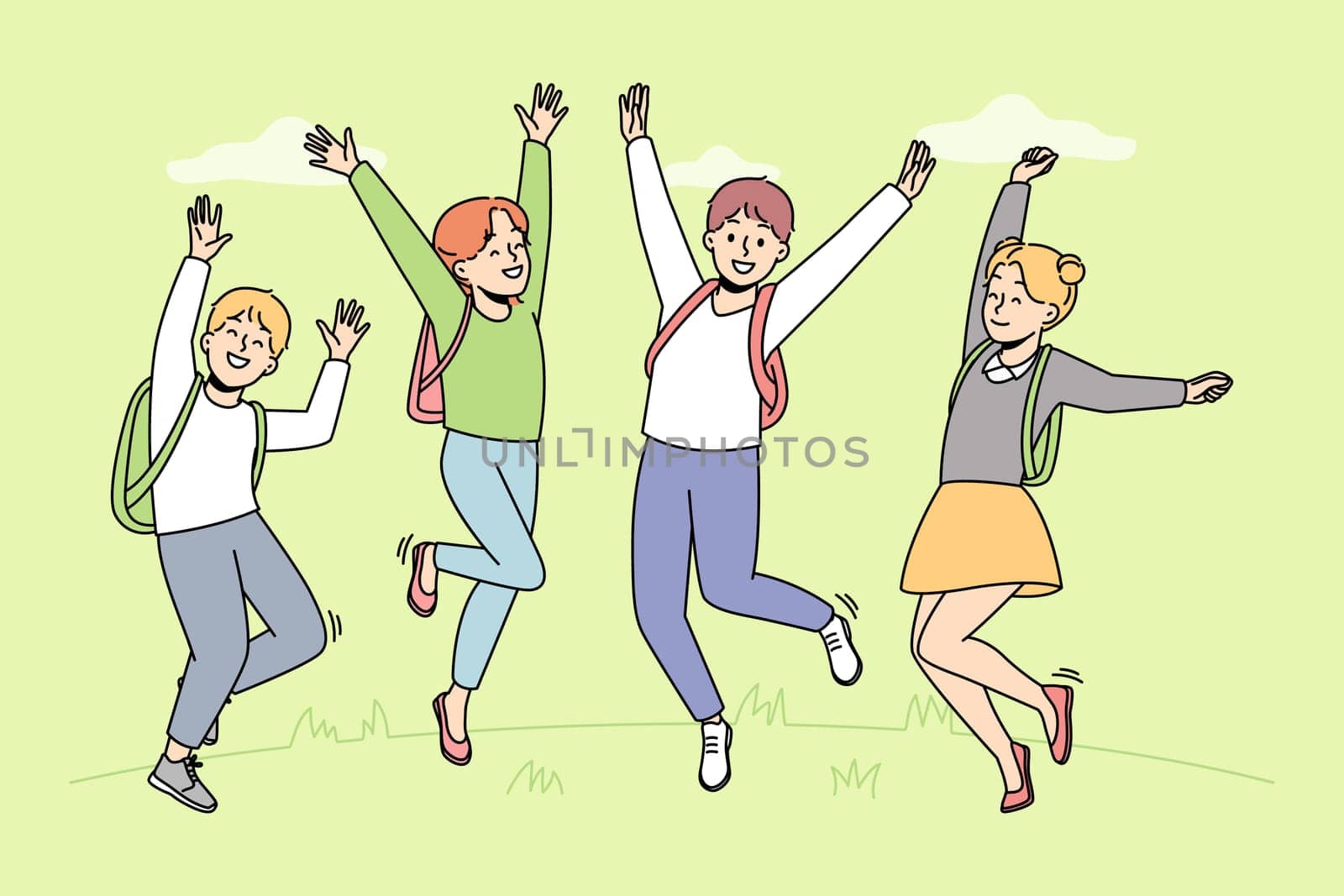 Happy children with backpacks jumping having fun outdoors. Smiling kids enjoy school vacation. Childhood leisure concept. Vector illustration.