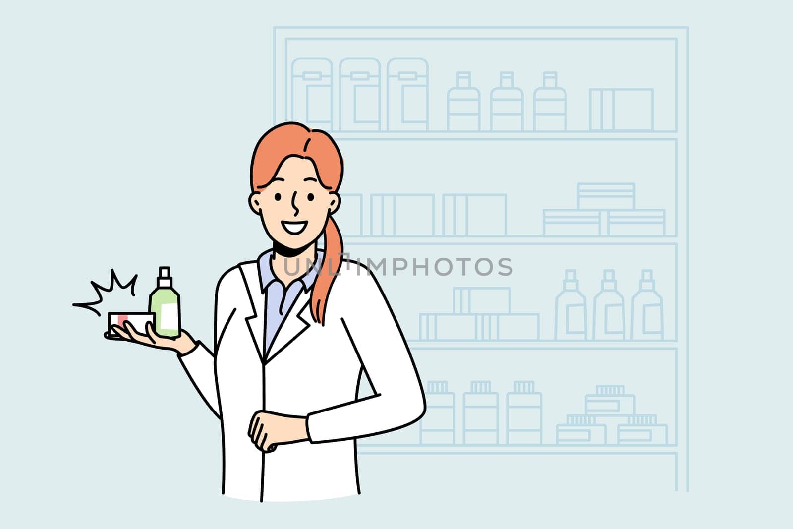 Female pharmacist with medication standing in drugstore. Woman medical specialist with drugs in pharmacy. Medicine and healthcare. Vector illustration.