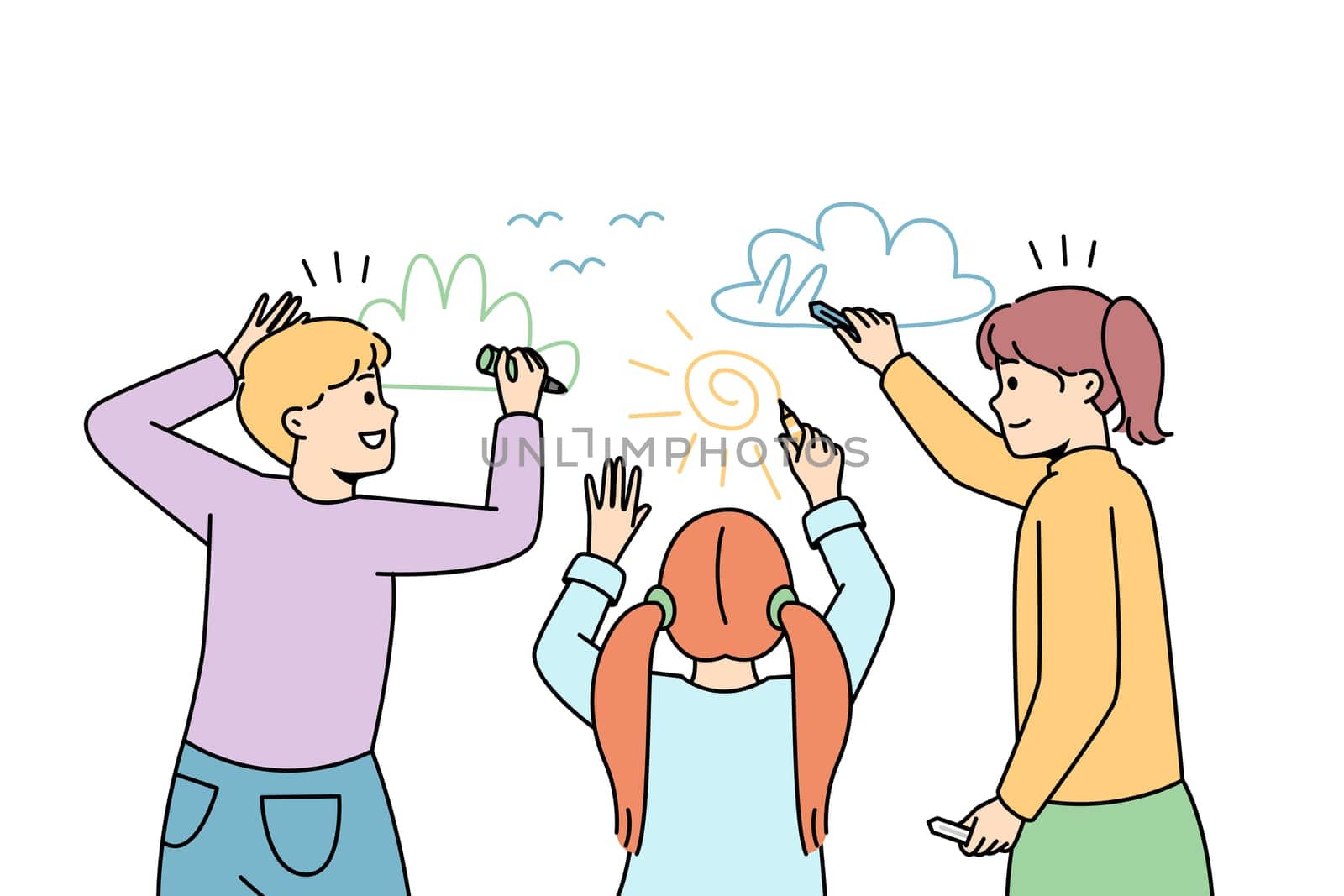 Happy children drawing together on white wall. Smiling kids painting with colorful chalks. Hobby and art concept. Childhood activity or game. Vector illustration.