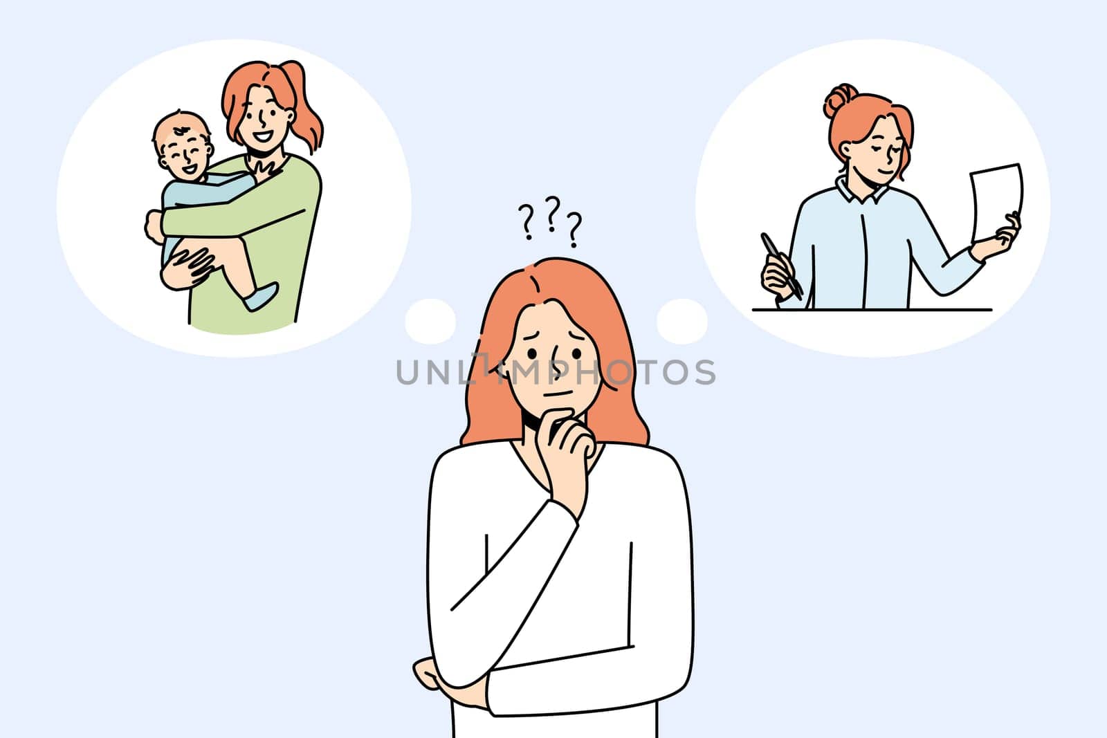 Confused woman thinking about motherhood or career. Frustrated female make decision of becoming mother or businesswoman. Family and work. Vector illustration.