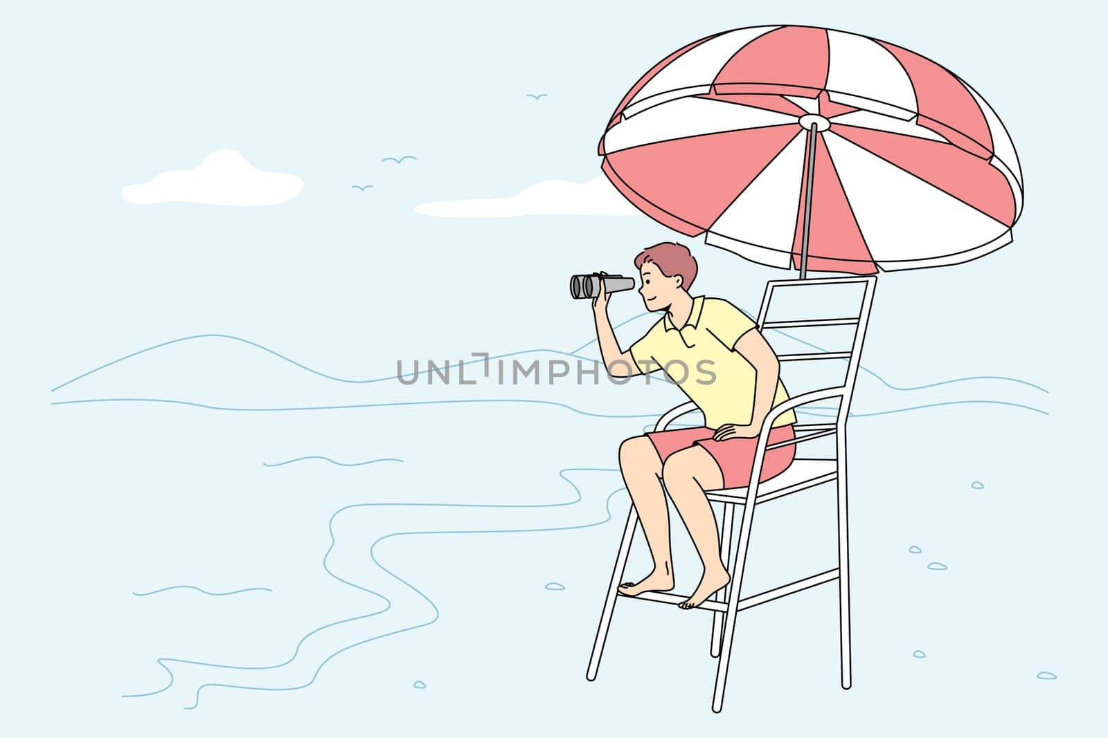 Male lifeguard sitting on chair on beach looking in binoculars. Man lifesaver on tower at seashore. Safety rescuer and sea help . Vector illustration.