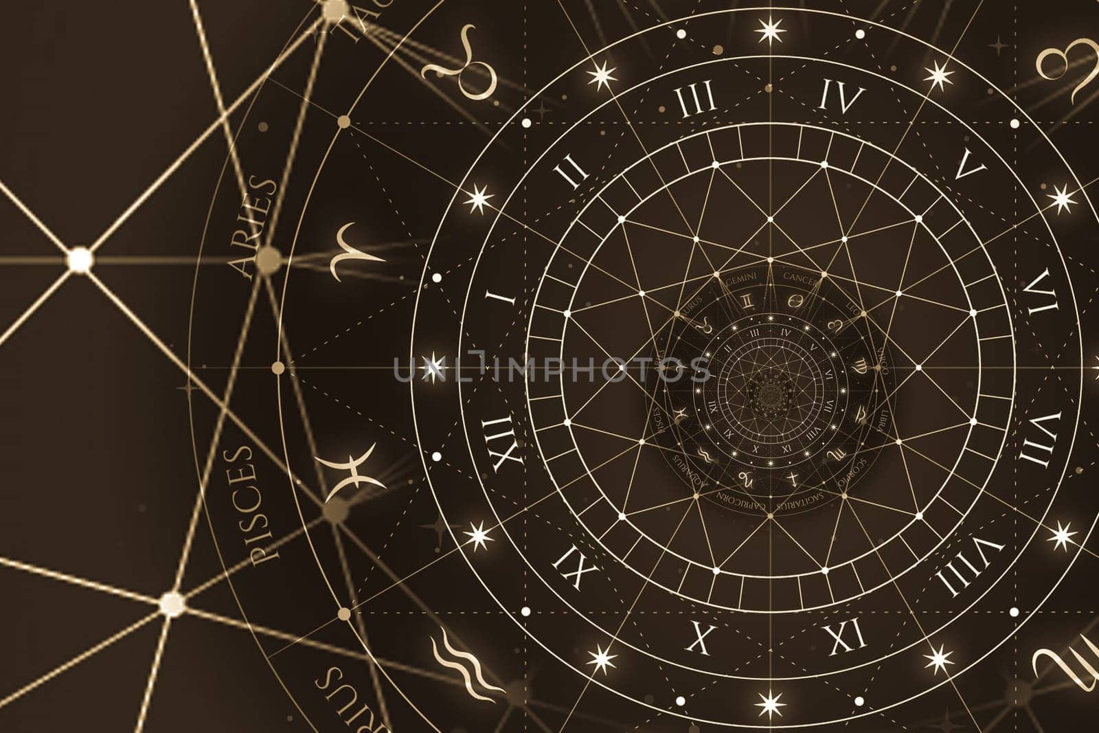 Abstract old conceptual background on mysticism, astrology, fantasy - black