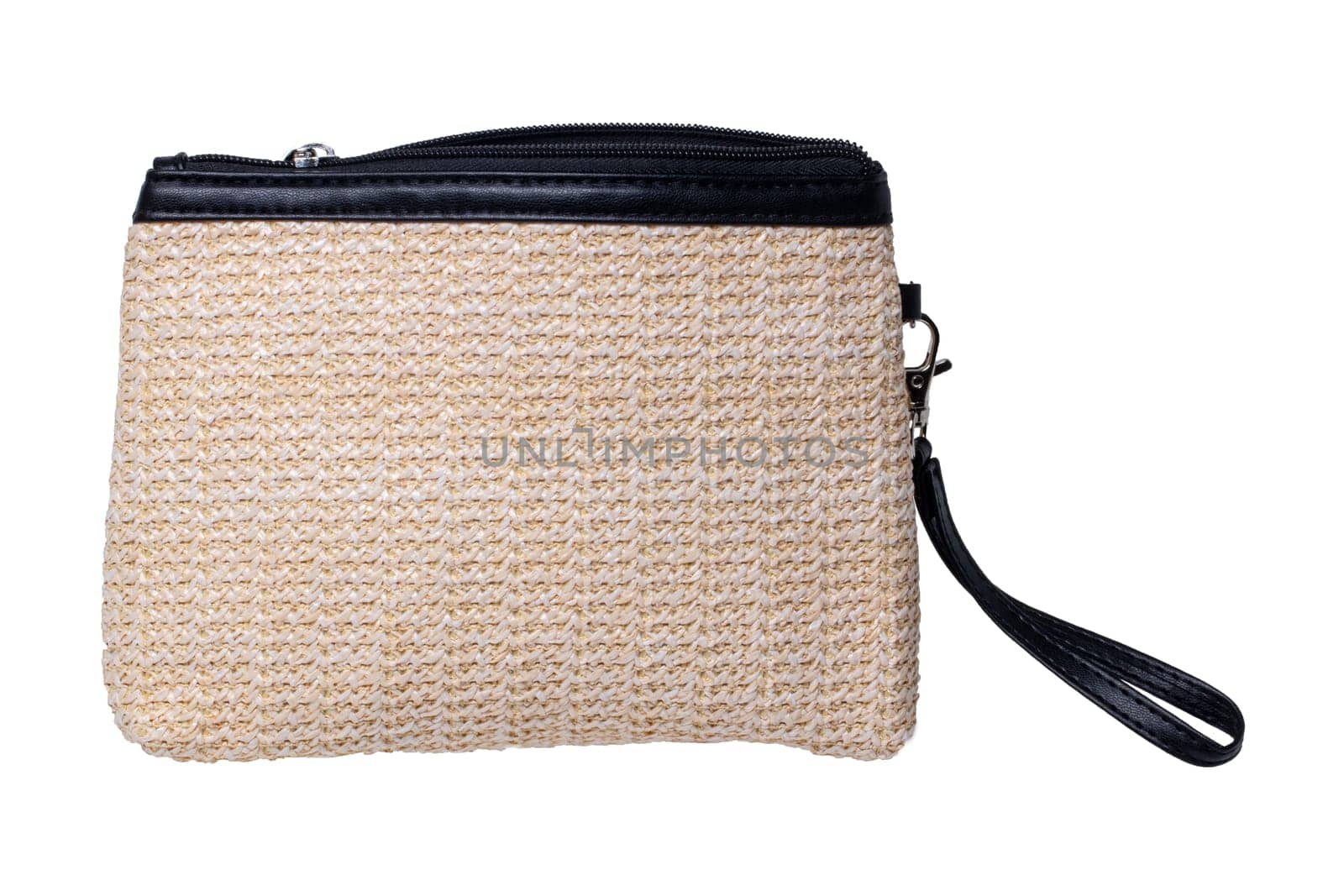 Cosmetic bags. Close-up of a beautiful beige with black leather cosmetic bag isolated on a white background. Macro. Used for essential equipment brushes for make-up and cosmetic products.