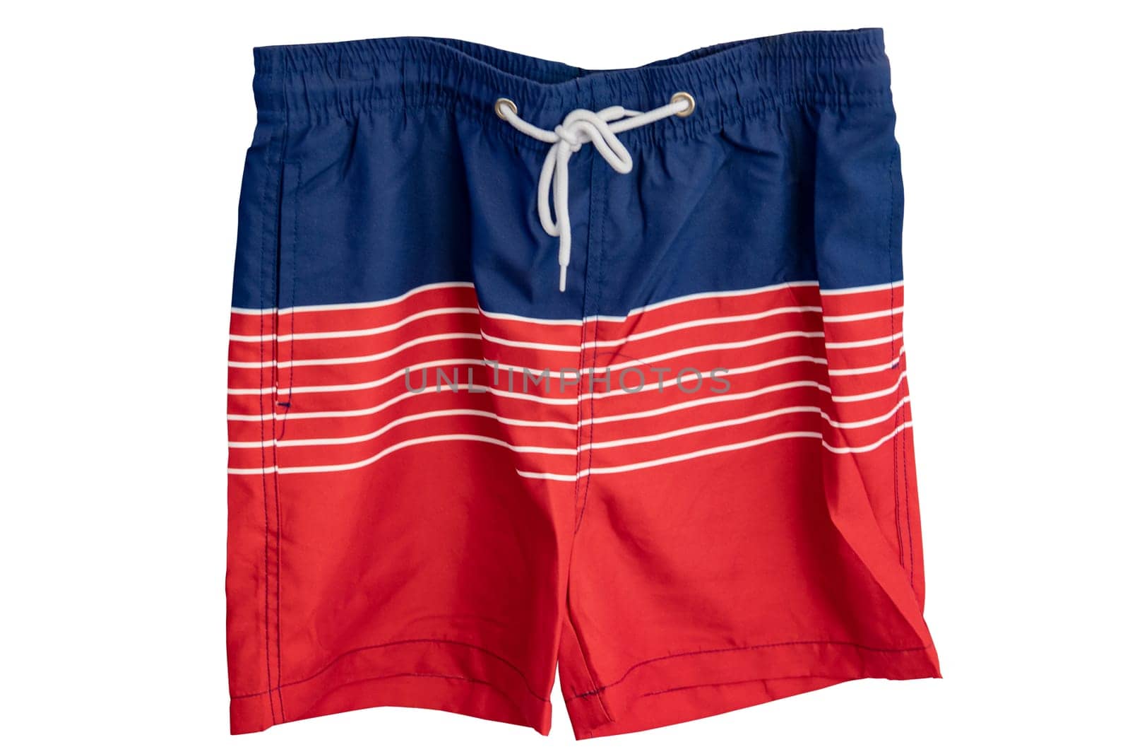 Mens shorts isolated. Trendy stylish short pants with white ribbon for swimming isolated on a white background. Fashionable red short pants. Swimwear for man.