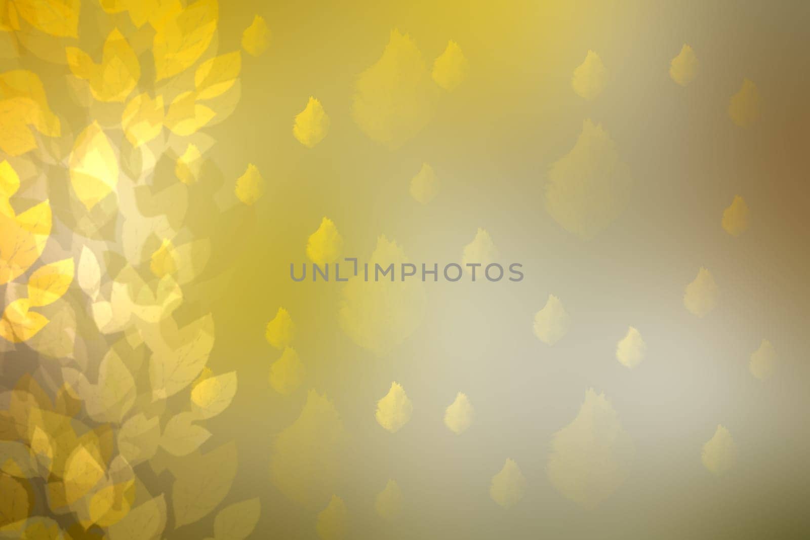 Abstract bright gradient yellow gold bokeh autumn background texture with leaves and sun lights. Indian summer. Space for your design. Beautiful yellow illustration.